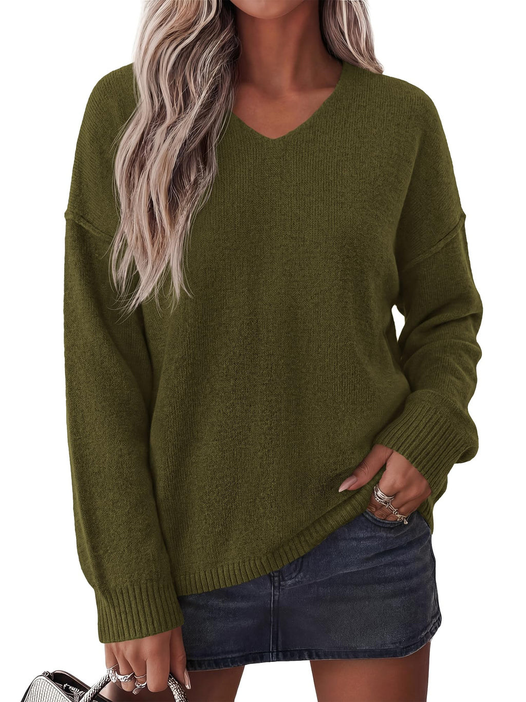 BTFBM Women's Loose Knitted Casual Sweaters | V Neck,Long Sleeve Sweater,Slouchy Pullover Tops,Fall Winter Clothes