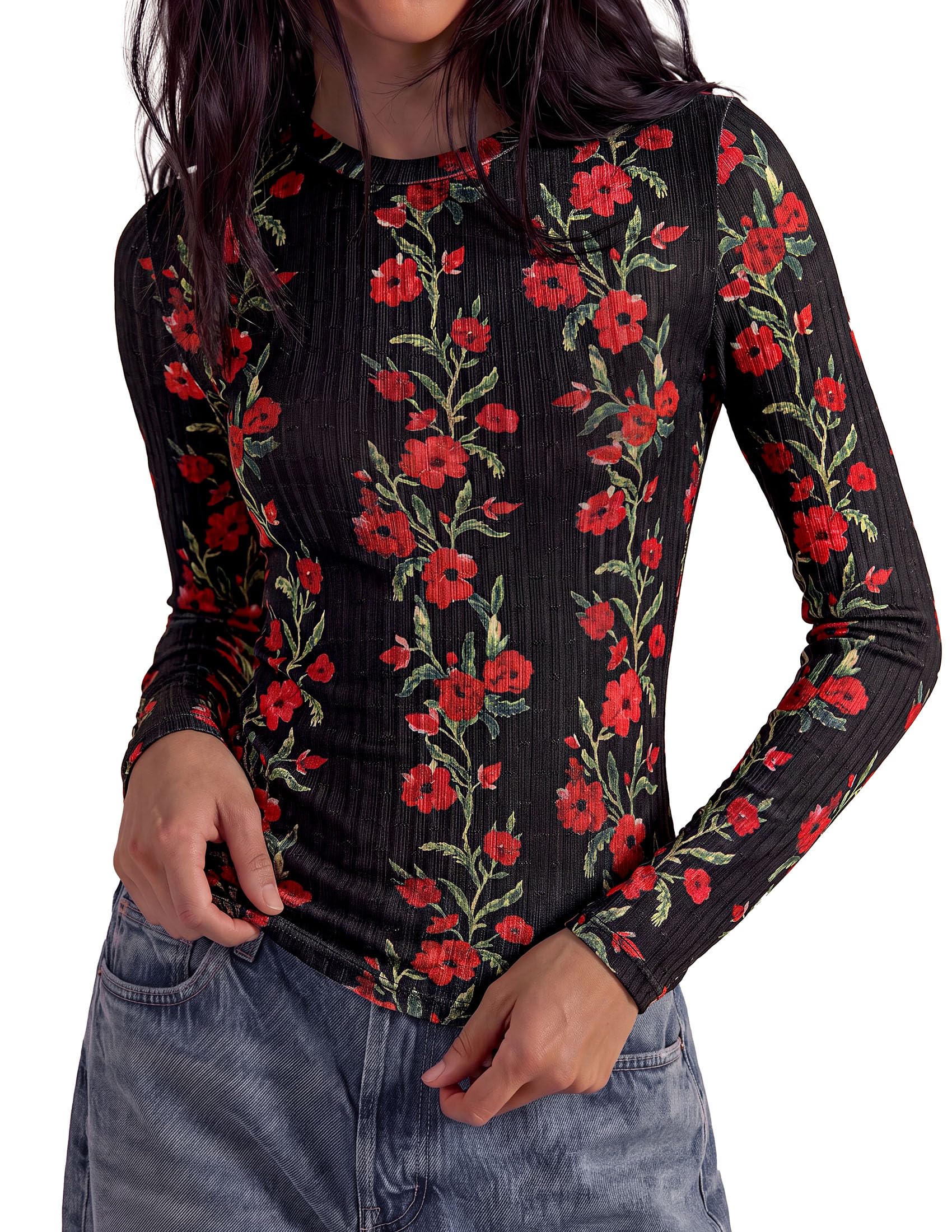 PRETTYGARDEN Womens Long Sleeve Shirts Floral Y2K Tops Soft Lightweight Ribbed Knit Top,Fitted Waist,Crew Neck Slim Fit,Going Out Vacation Outfits,Layering Fall Winter Clothes