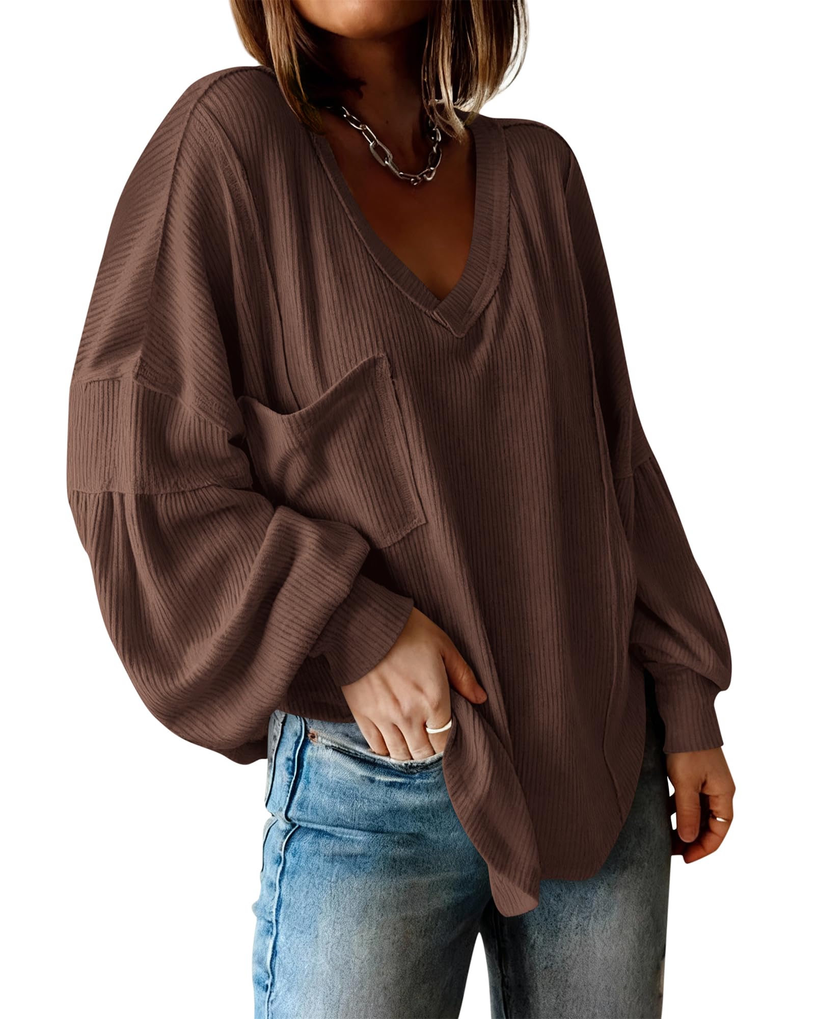 BTFBM Womens Fall Fashion Long Sleeve Shirts Casual V Neck Ribbed Knit Blouses Pullover Trendy Loose Fit Tunic Tops