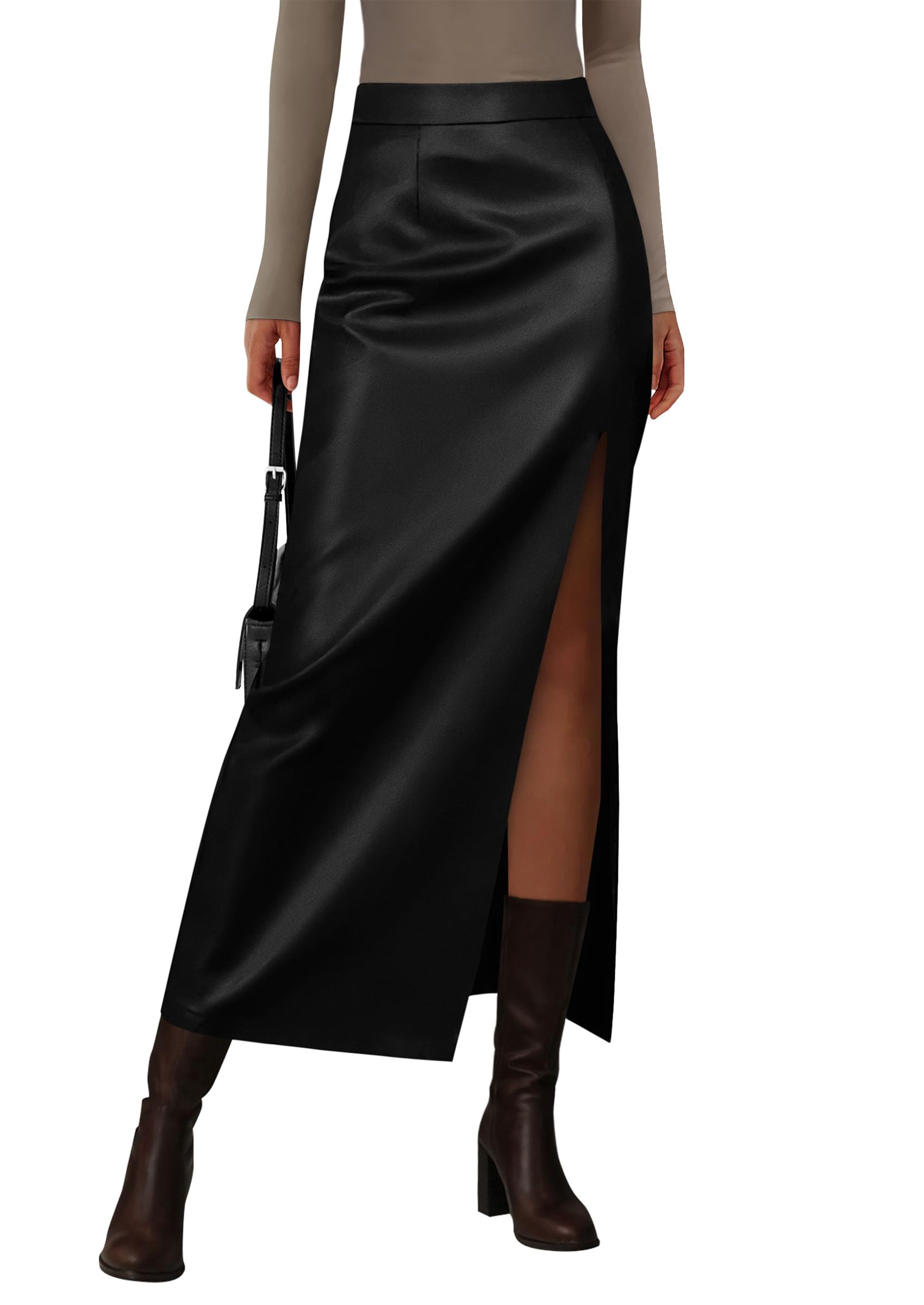 PRETTYGARDEN Womens Faux Leather Skirts Fall Fashion Bodycon High Waisted Slit Work Office Winter Maxi Long Pencil Skirt