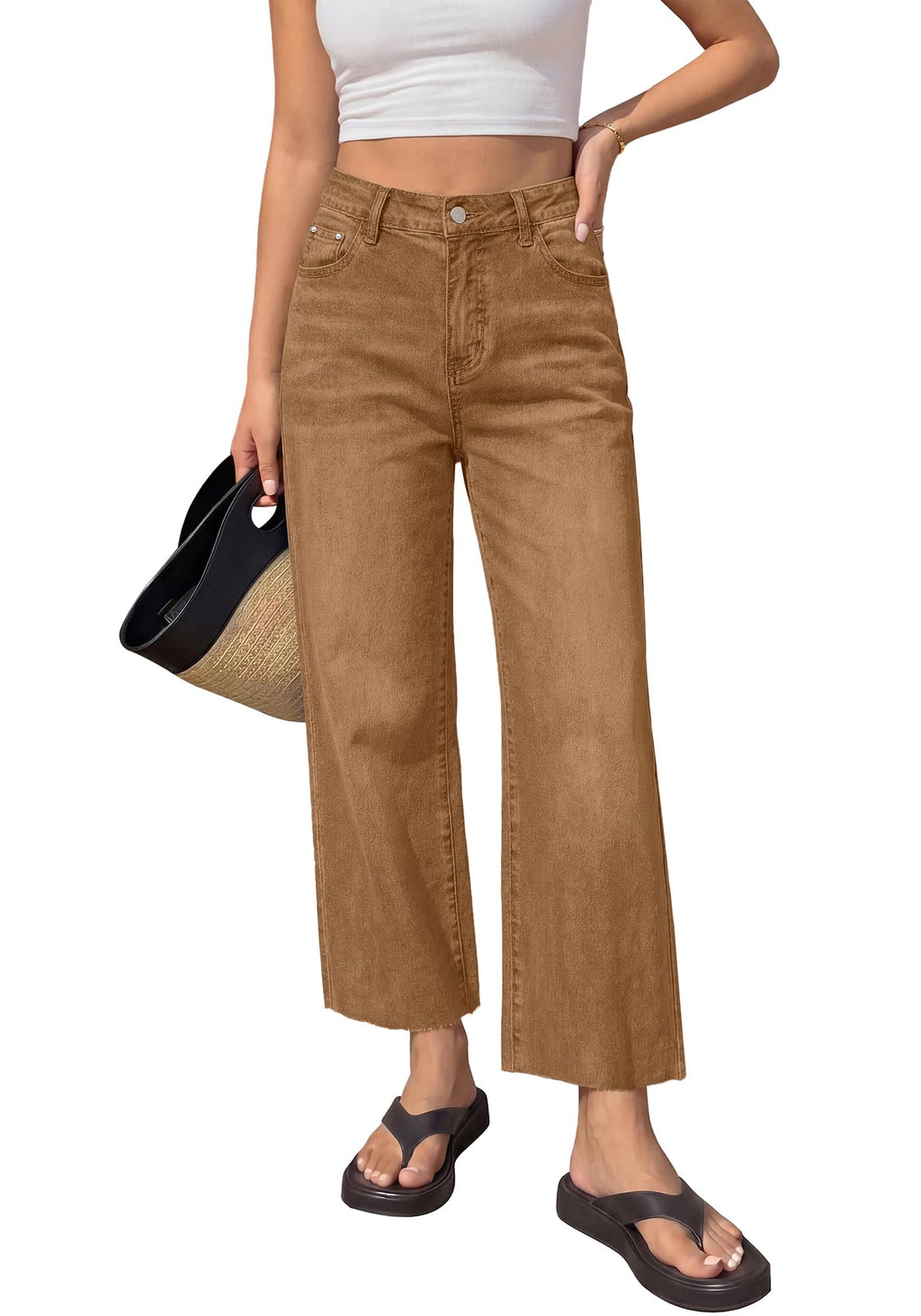 BTFBM Jeans for Women Summer High Waisted Button Straight Leg Stretchy Cropped Raw Hem Trendy Denim Pants Pockets
