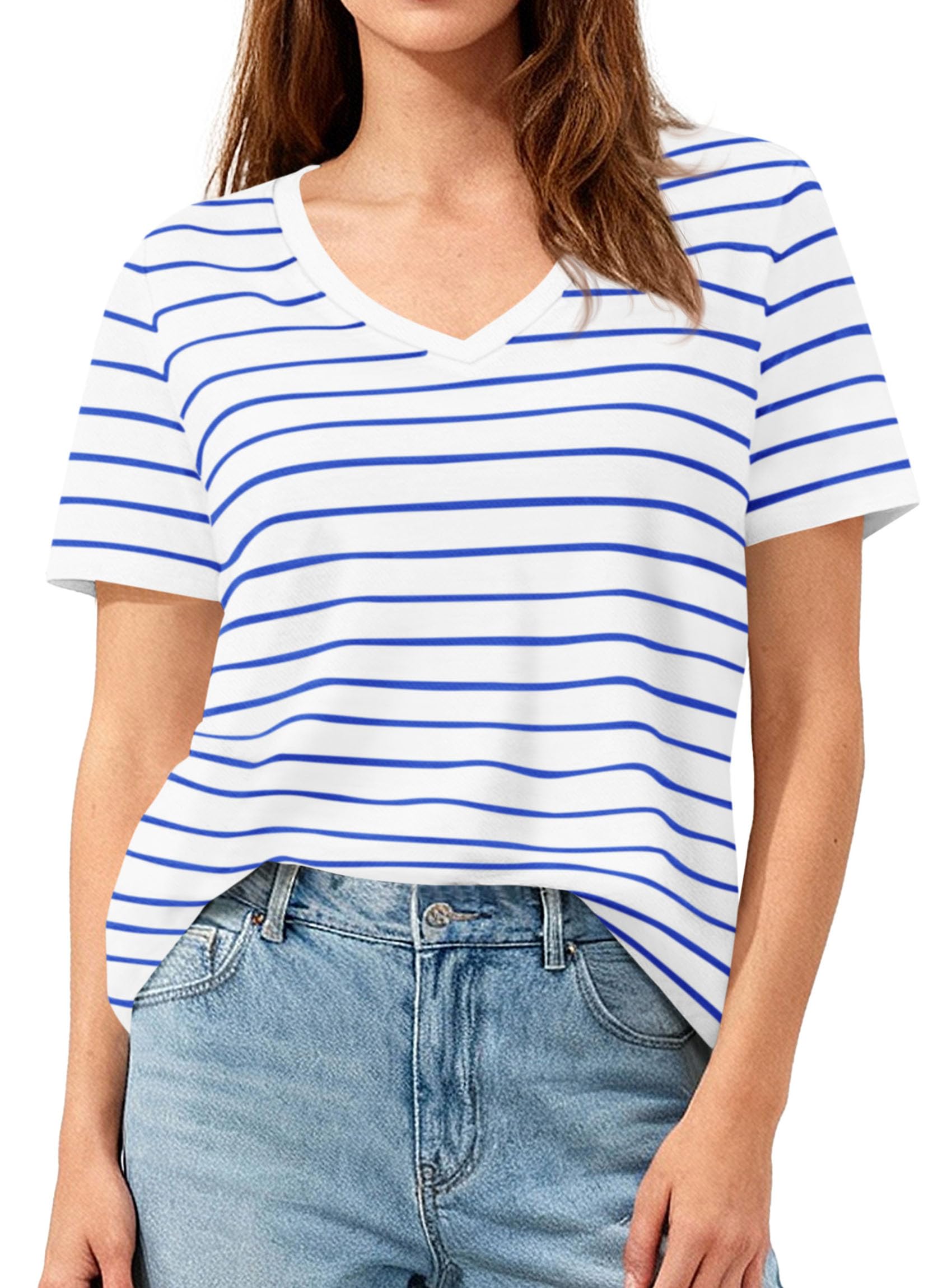 PRETTYGARDEN Short Sleeve Shirts for Women Spring V Neck Cute Tops Casual Striped Shirt Knitted Tees Summer Outfits
