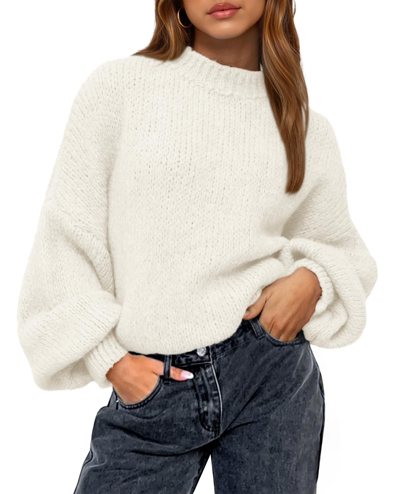 BTFBM Sweaters for Women Fall Crew Neck Lantern Long Sleeve Oversized Sweater Casual Knit Winter Pullover Tops