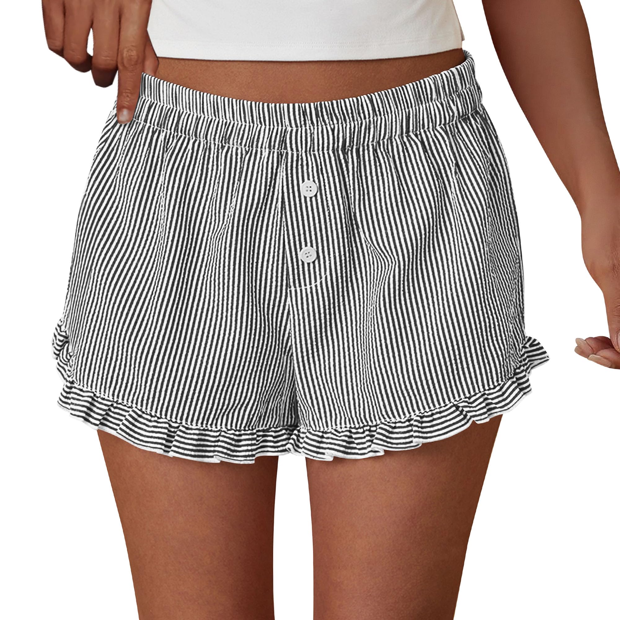 PRETTYGARDEN Womens Boxer Shorts Y2K Ruffle Pajama Summer Spring Lounge Sleep Striped Casual Beach Pj Bottoms Pockets