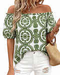BTFBM Off The Shoulder Spring Tops for Women Summer Blouses Boho Floral Short Sleeve Shirts Dressy Casual Outfits