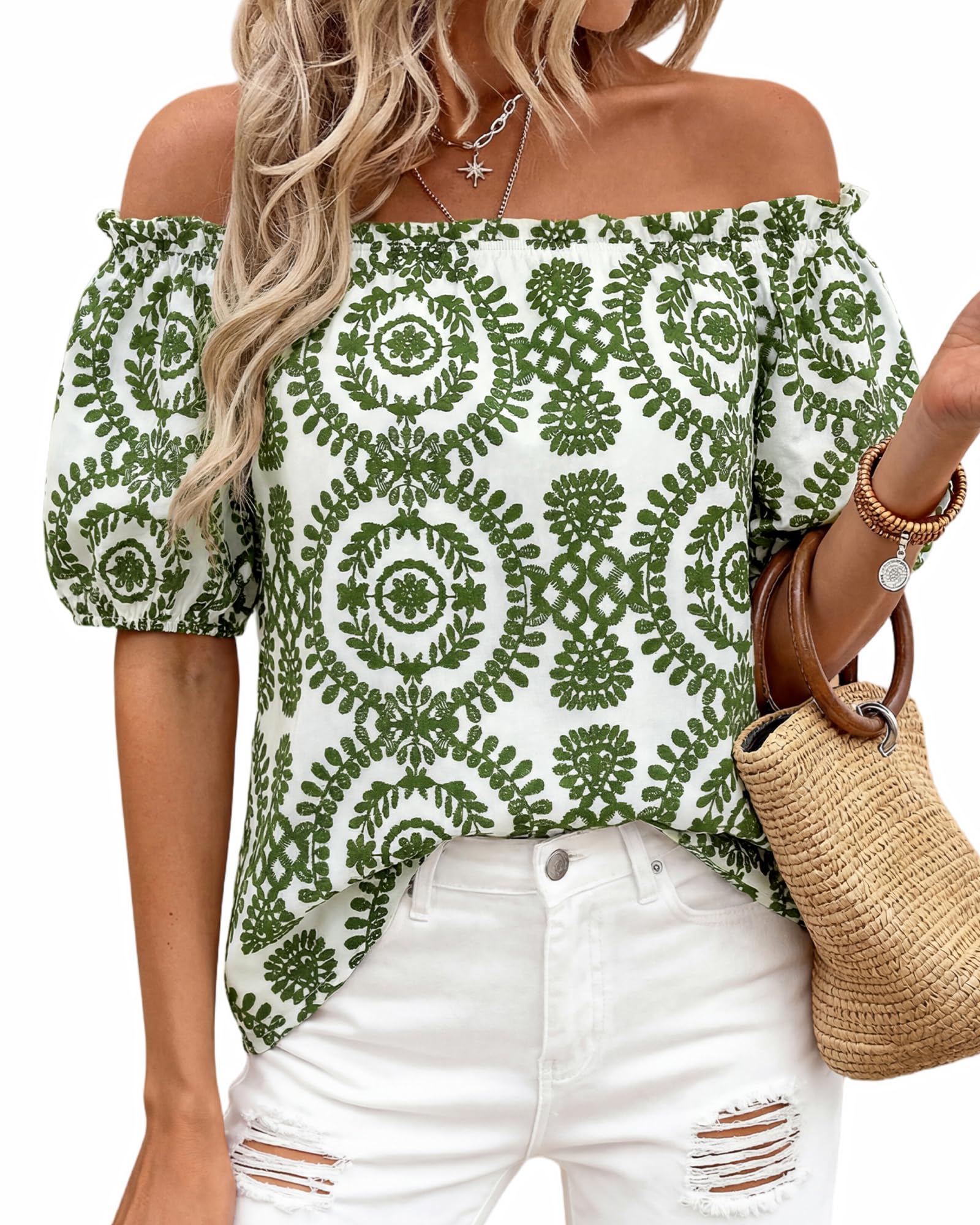 BTFBM Off The Shoulder Spring Tops for Women Summer Blouses Boho Floral Short Sleeve Shirts Dressy Casual Outfits