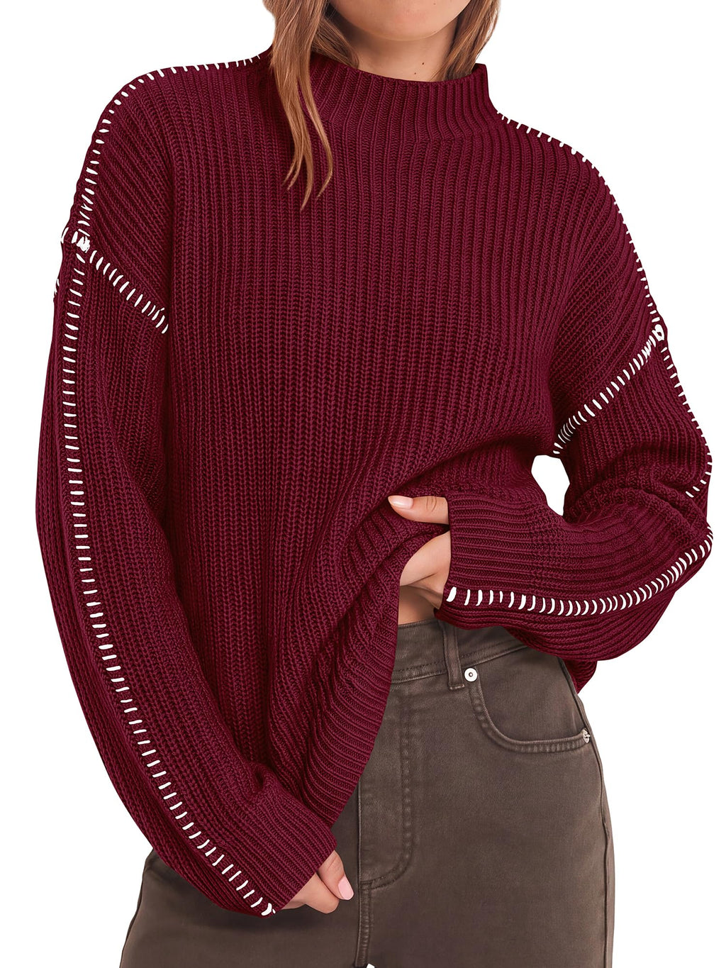 "BTFBM Womens Oversized Sweaters Contrast Chunky Knit Sweater Loose Fit Mock Neck Long Sleeve Tops, Soft Cozy Knitwear, Fall Fashion 2026, Casual Winter Clothing, Daily Going Out Outfits"