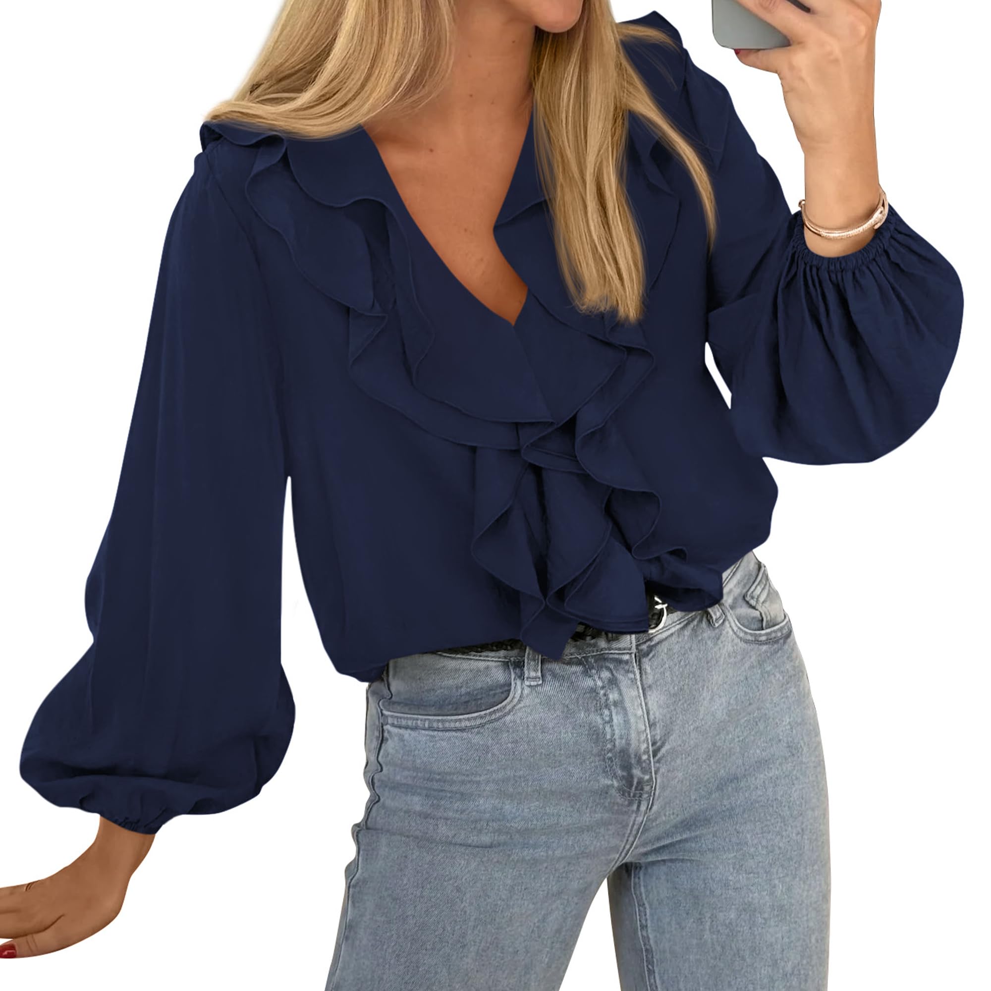 BTFBM Womens Fall Tops Ruffle Blouses Dressy Casual | Double Ruffled Collar V Neck Long Sleeve Shirts, Lightweight Fashion Clothing Trendy, Daily Business Office Work Clothes
