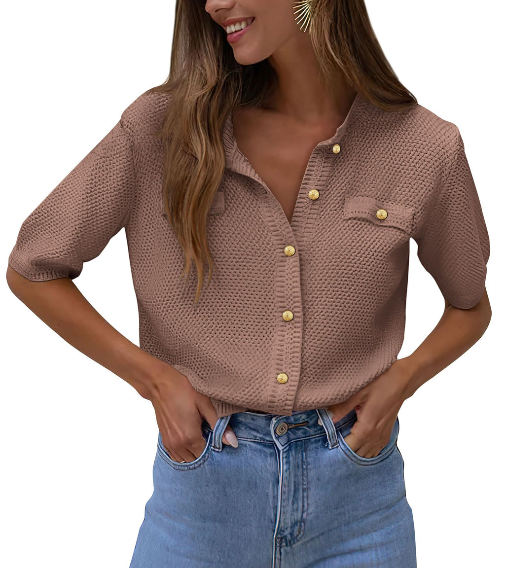 PRETTYGARDEN Women's Summer Button Down Shirts Casual Short Sleeve Crew Neck Ribbed Knit Blouse Top Cardigans