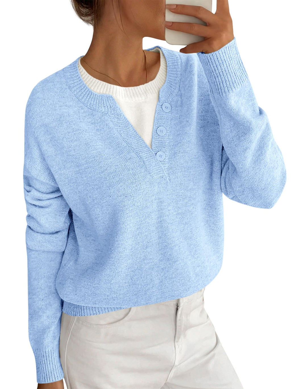 BTFBM Women Long Sleeve Crew Neck Sweaters Tops, 2 in1 Knitted Pullover, Deco Buttons, Oversized, Stretchy, Vacation, Business Casual Outfits, Fall Winter Trendy