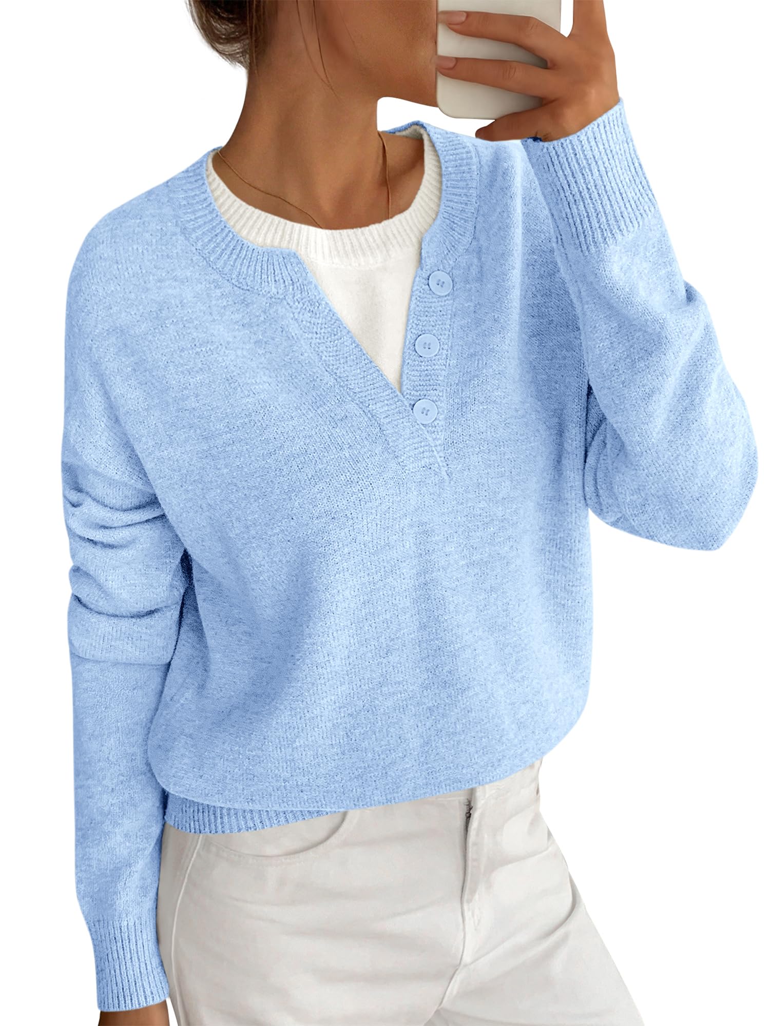 BTFBM Women Long Sleeve Crew Neck Sweaters Tops, 2 in1 Knitted Pullover, Deco Buttons, Oversized, Stretchy, Vacation, Business Casual Outfits, Fall Winter Trendy