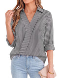 FreshPretty Striped Fall Outfits V Neck Dressy Women Tops Cute Clothes,Trendy Womens T Shirts,Long Sleeve Working Collar Business Casual Fashion Clothing For Office Work Women's Blouses
