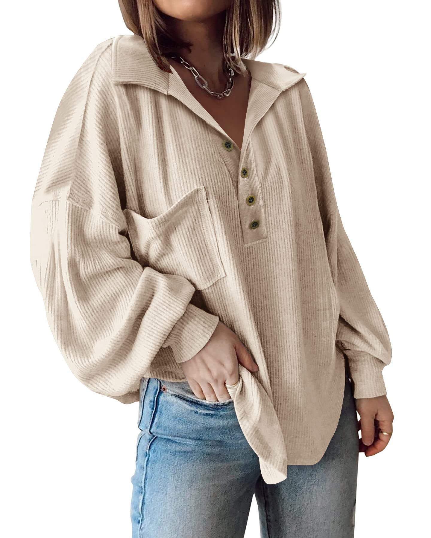 BTFBM Womens Fall Fashion Long Sleeve Shirts Casual V Neck Ribbed Knit Blouses Pullover Trendy Loose Fit Tunic Tops
