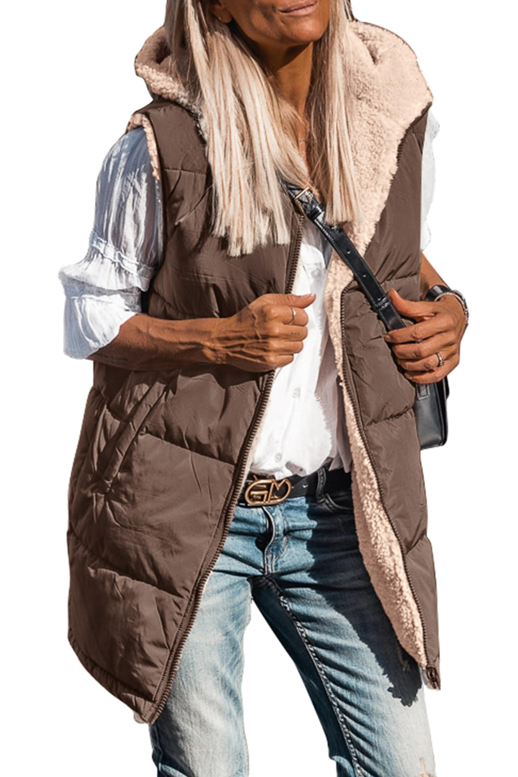 PRETTYGARDEN Womens Fall Reversible Long Vests Sleeveless Fleece Jacket Zip Up Hoodie Pockets Warm Coat Winter Clothing