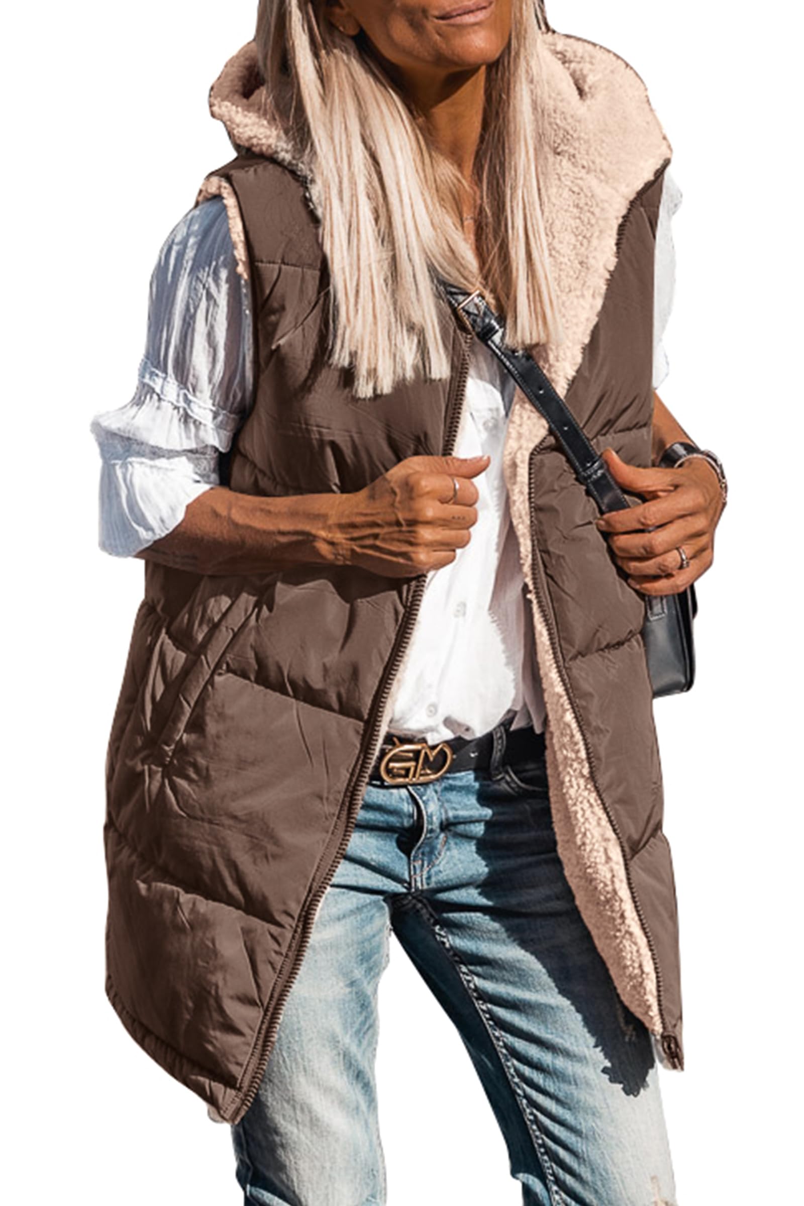 PRETTYGARDEN Womens Fall Reversible Long Vests Sleeveless Fleece Jacket Zip Up Hoodie Pockets Warm Coat Winter Clothing