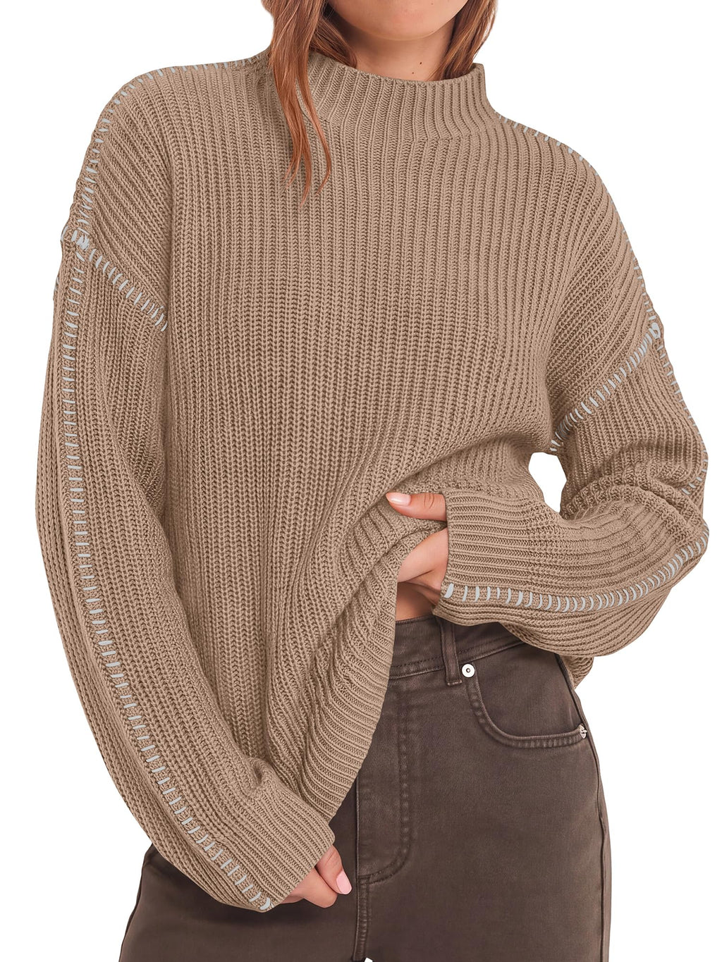 "BTFBM Womens Oversized Sweaters Contrast Chunky Knit Sweater Loose Fit Mock Neck Long Sleeve Tops, Soft Cozy Knitwear, Fall Fashion 2026, Casual Winter Clothing, Daily Going Out Outfits"
