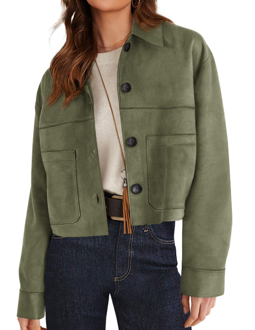 PRETTYGARDEN Women's Faux Suede Cropped Jacket Casual Lightweight Fall Fashion Winter Coats Outerwear Trendy Clothes