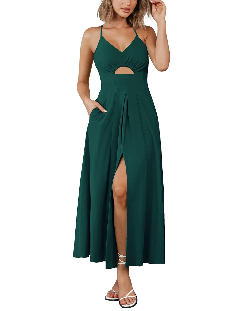 BTFBM Women Spaghetti Strap Midi Summer Dresses Sleeveless V Neck Cutout Slit Casual Beach Party Maxi Dress Pockets