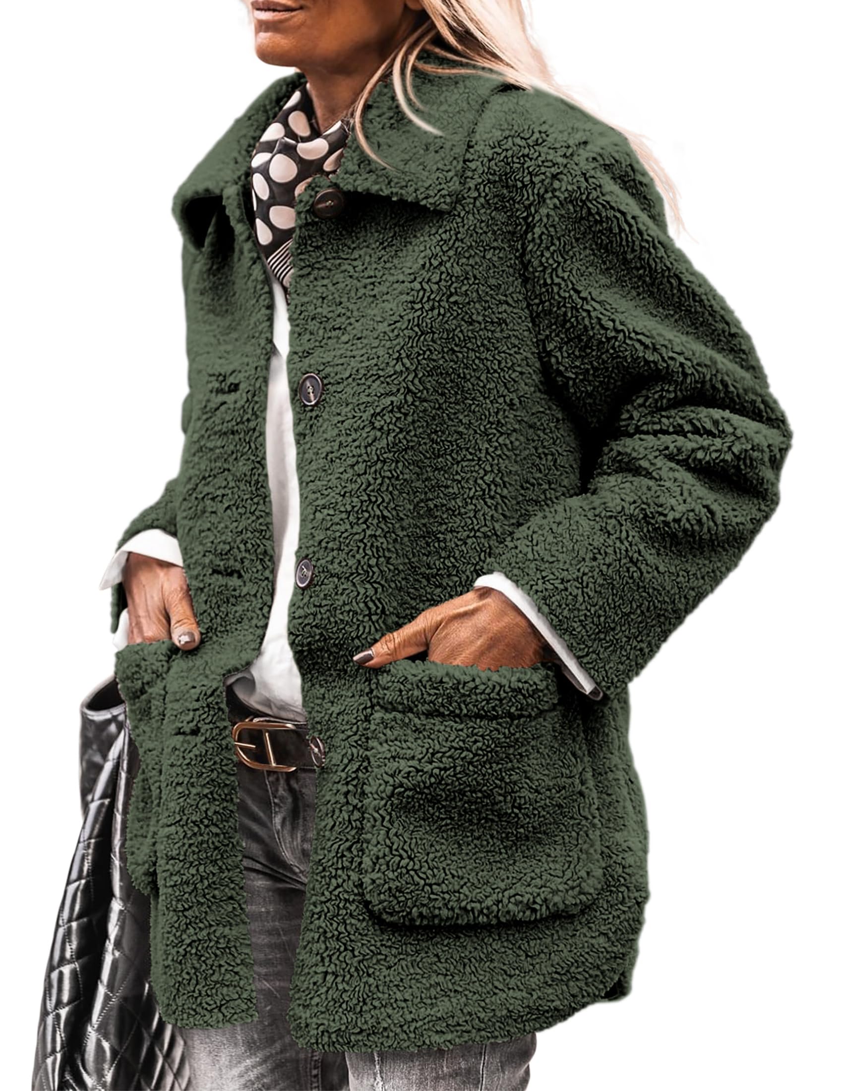 PRETTYGARDEN Women's Winter Faux Fur Coats Long Sleeve Lapel Button Down Pockets Fleece Sherpa Jacket Casual Trendy Outerwear