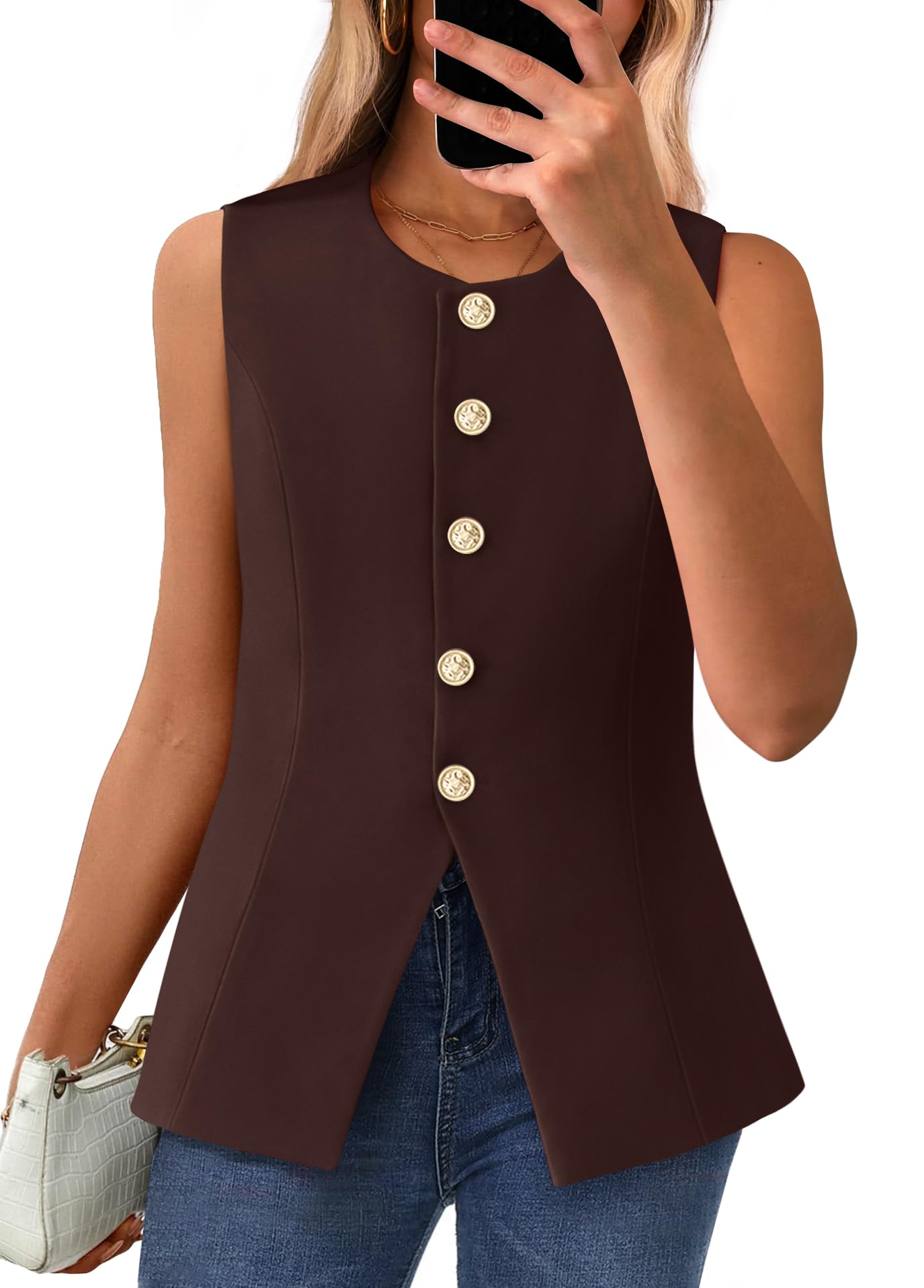 BTFBM Summer Sleeveless Blazer Vest For Women Dressy Button Down Round Neck Business Casual Outfits Work Suit Vests Tops