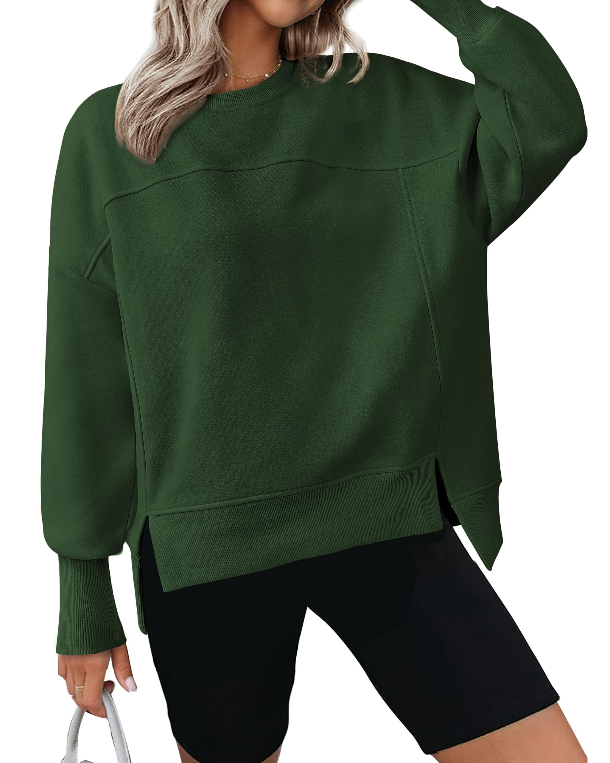 BTFBM Women's Casual Crewneck Sweatshirts Spring Long Sleeve Side Slit Workout Fleece Pullover Top Fashion Clothing