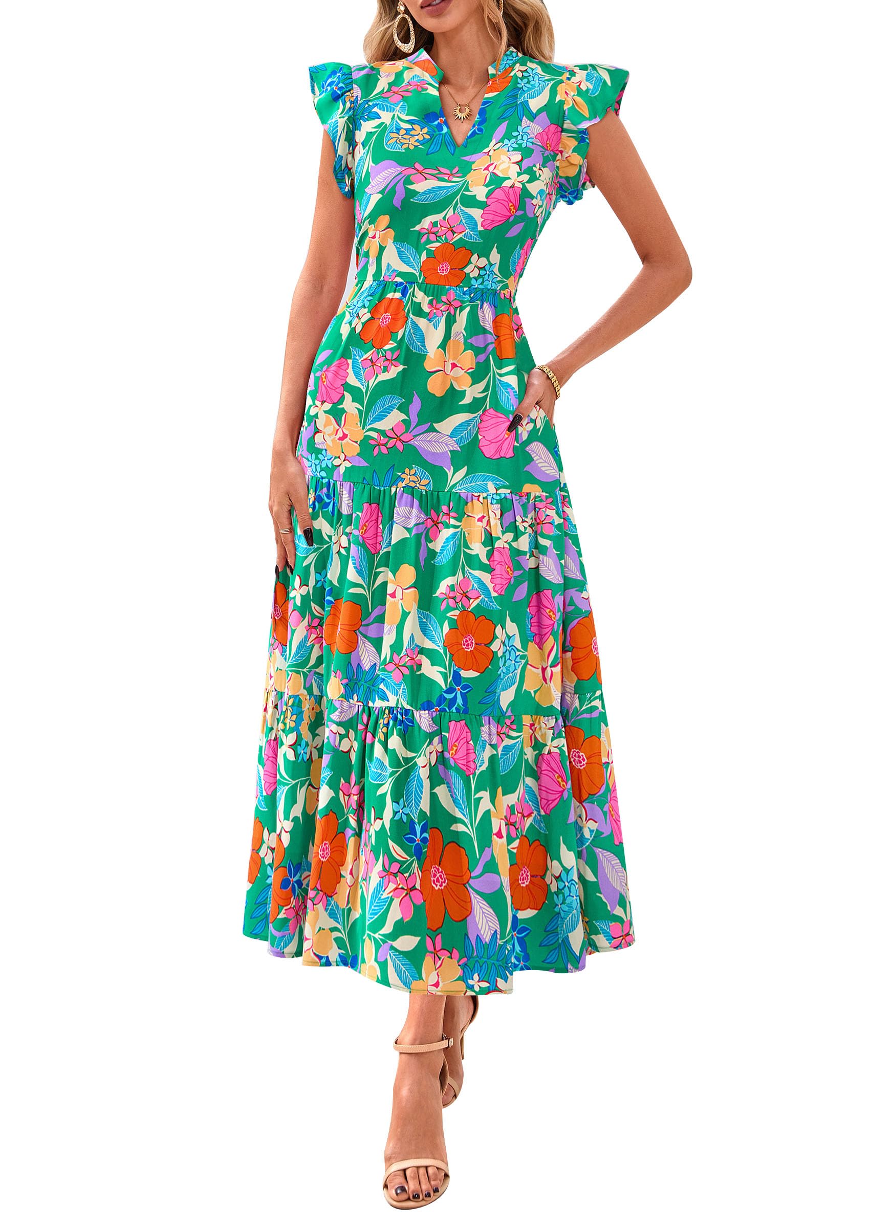 Visit the PRETTYGARDEN Store PRETTYGARDEN Women's Summer Floral Midi Dress Cap Sleeve V Neck Ruffle Long Flowy Boho Casual Beach Vacation Dresses