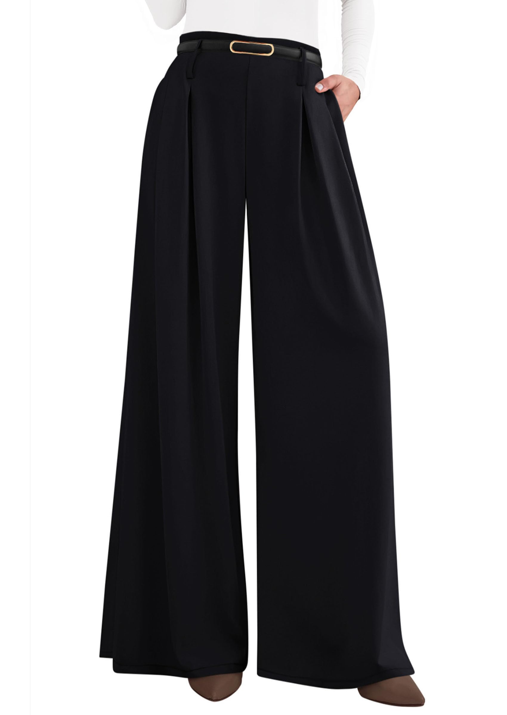PRETTYGARDEN Womens Spring Wide Leg Trousers High Elastic Waist Loose Pleated Long Flowy Palazzo Work Pants with Pockets