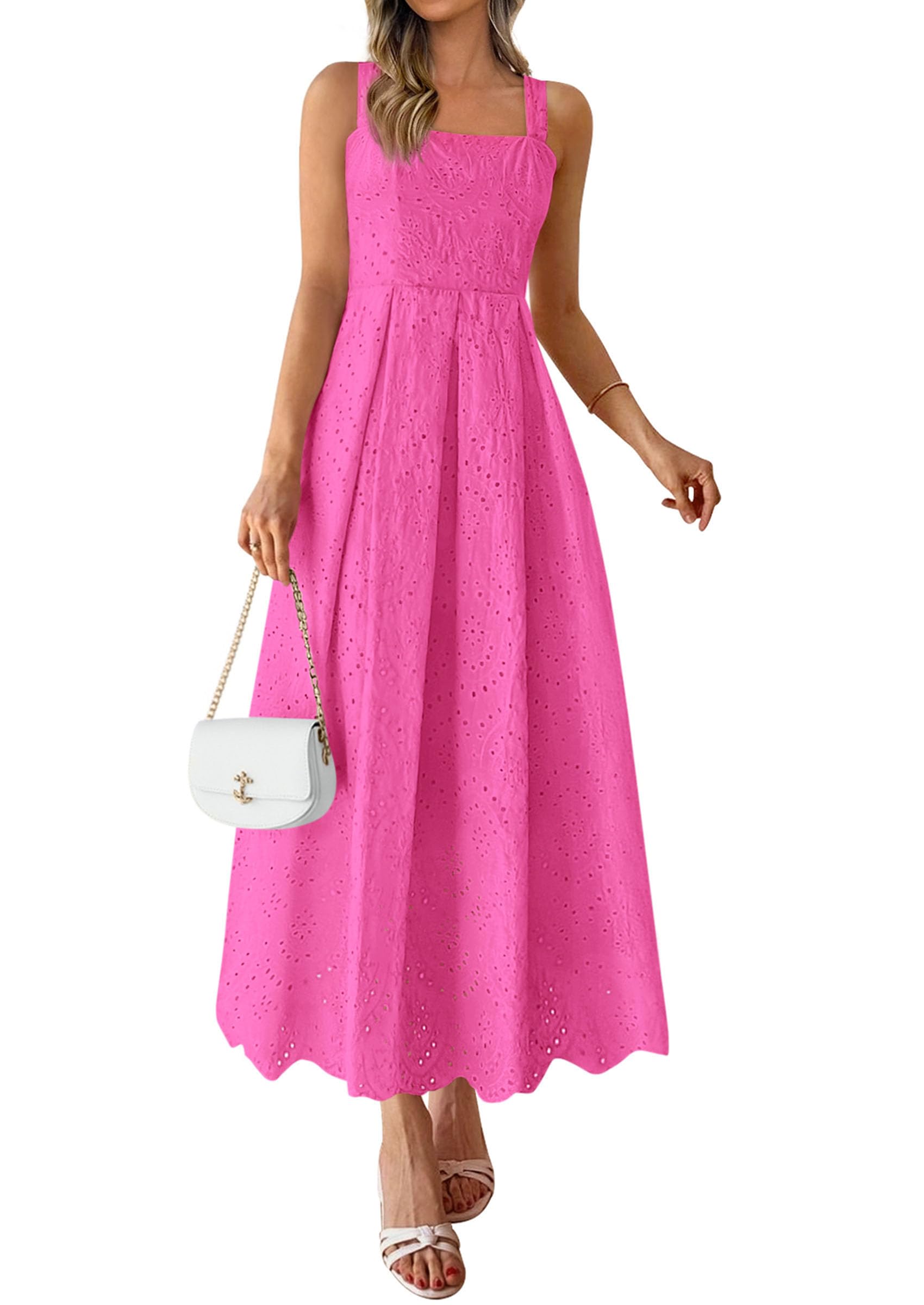 PRETTYGARDEN Womens Sleeveless Maxi Summer Dresses Hollow Out Eyelet Square Neck Ruffle Flowy Beach Vacation Sundress
