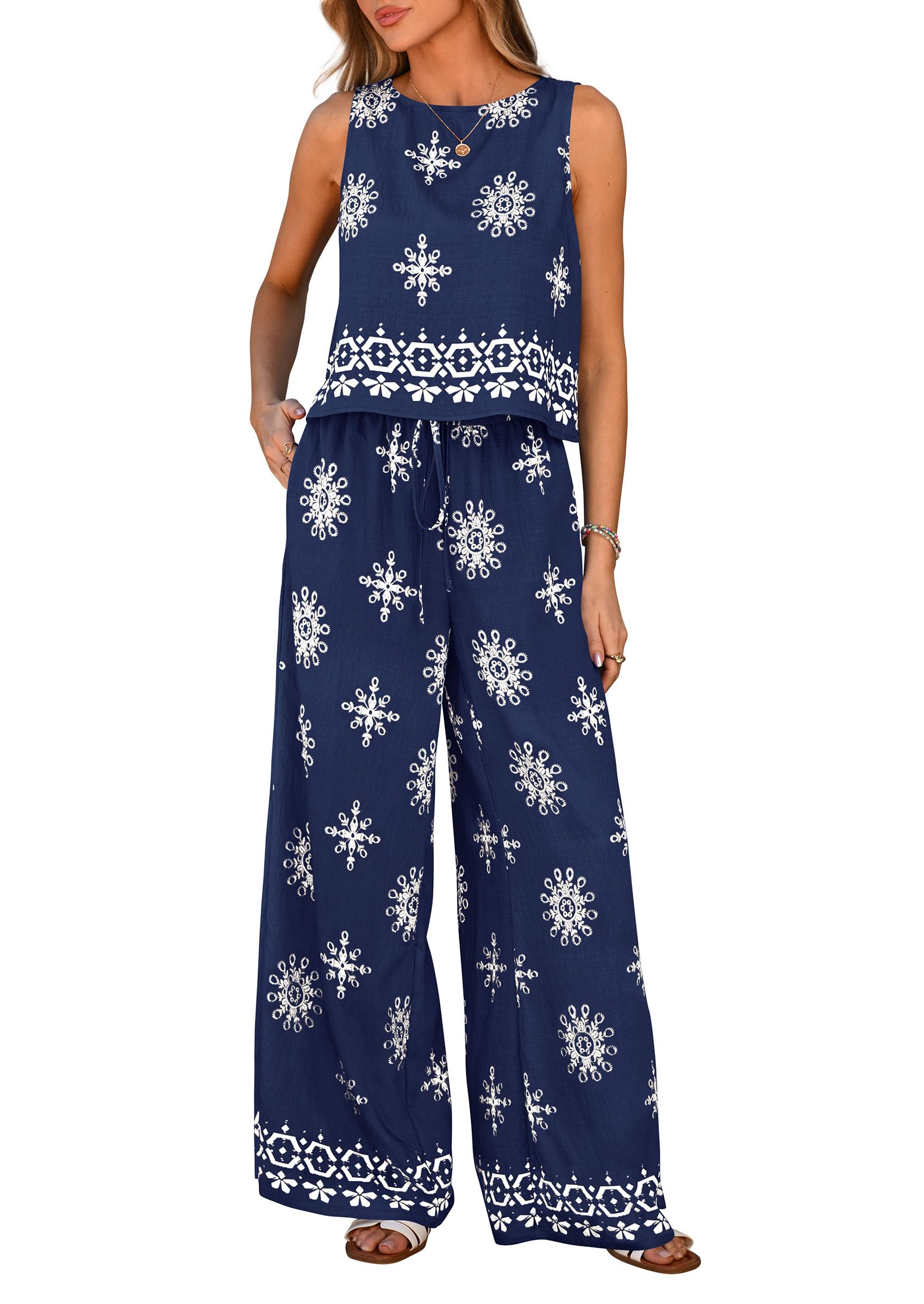 PRETTYGARDEN Women's Summer 2 Piece Lounge Sets Boho Floral Tank Tops Flowy Wide Leg Pants Travel Beach Vacation Outfits
