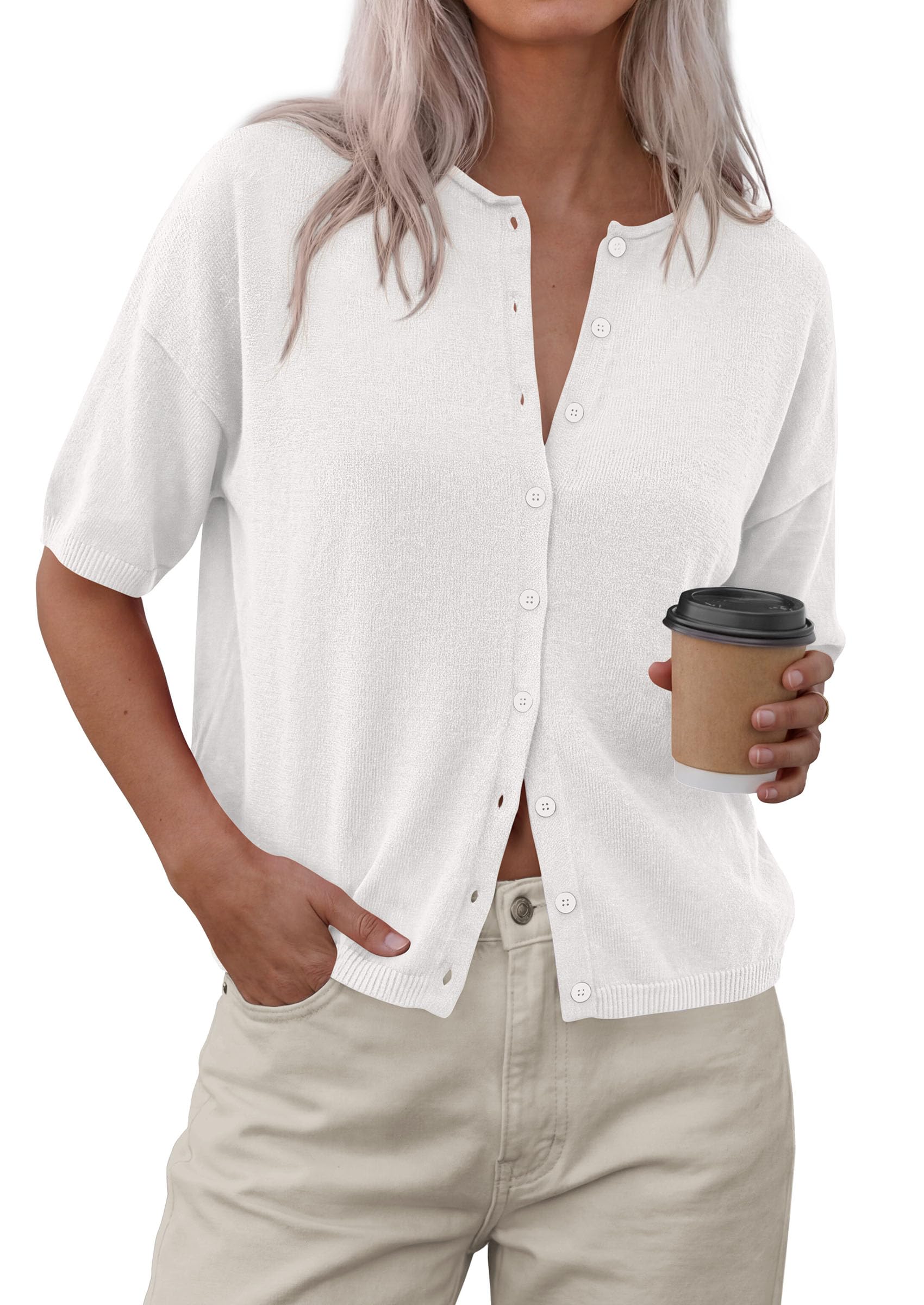 PRETTYGARDEN Women Spring Short Sleeve Cardigan Sweaters Button Down Knit Shirt Blouse Dressy Casual Tops Summer Outfits