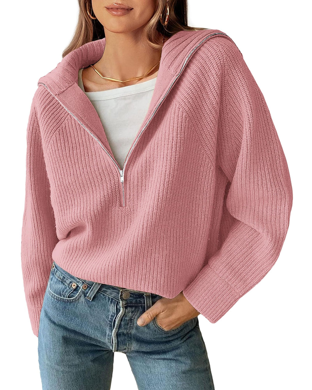 FreshPretty Womens Sweaters Quarter Zip Pullover V Neck Collar Long Sleeve Ribbed Knit Loose Casual Winter Fall Sweater