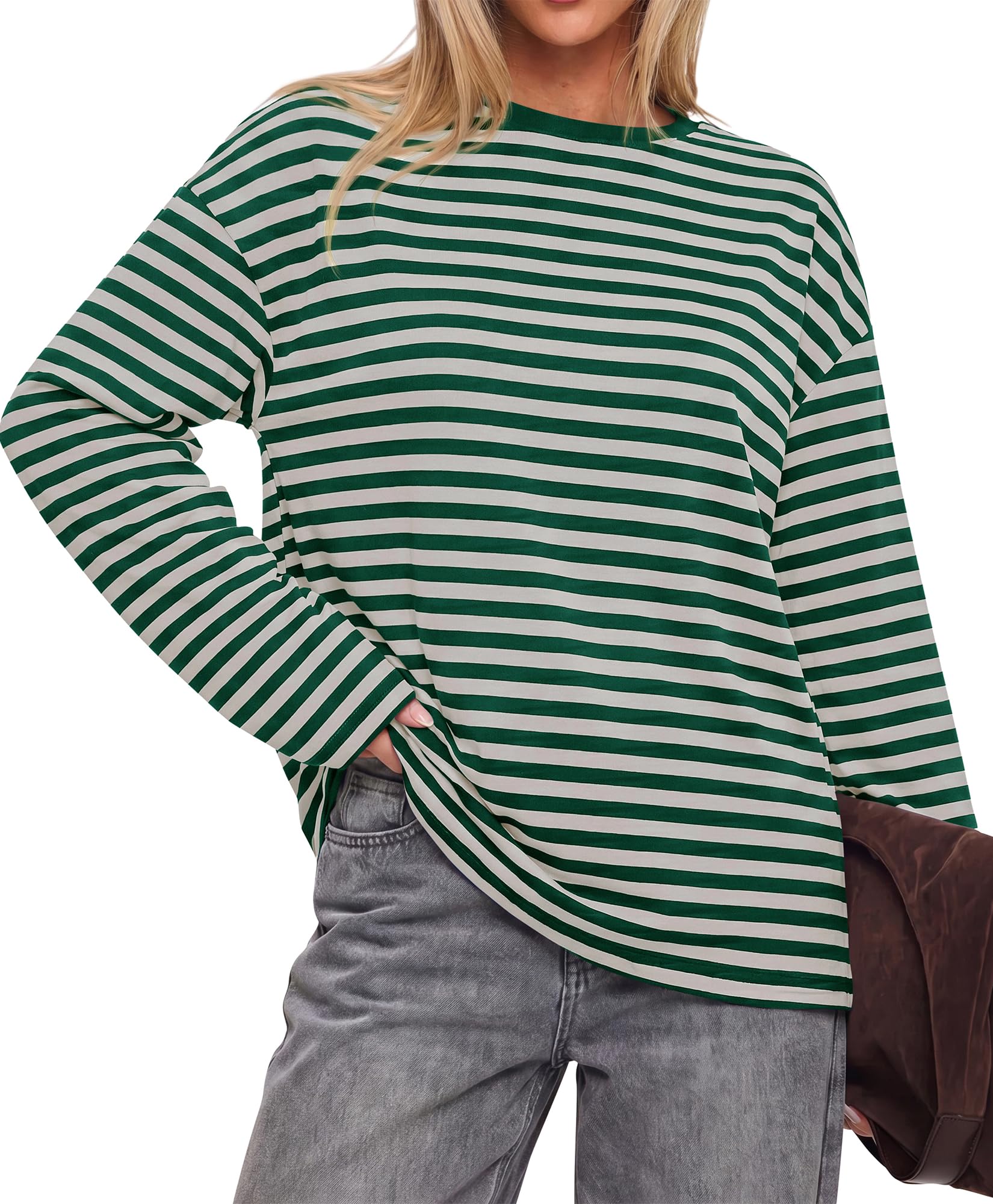 BTFBM Womens Long Sleeve Tops Fall Fashion | Lightweight, Crew Neck, Oversized Striped Shirt Women, Y2k Clothes, Vacation Travel Outfits, Going Out Top, Winter Layering