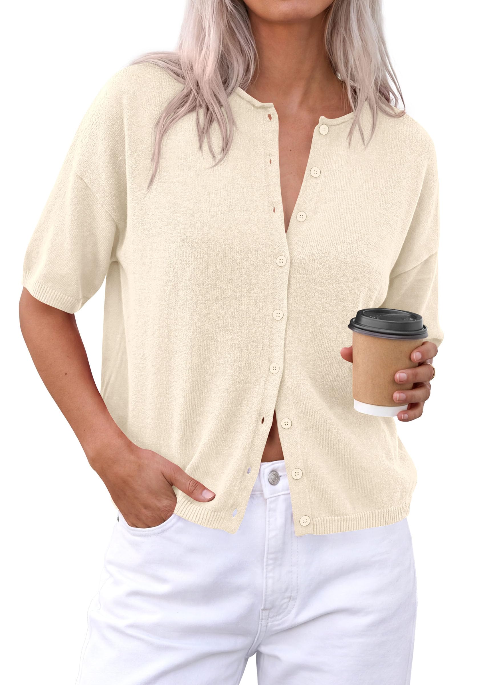 PRETTYGARDEN Women Spring Short Sleeve Cardigan Sweaters Button Down Knit Shirt Blouse Dressy Casual Tops Summer Outfits