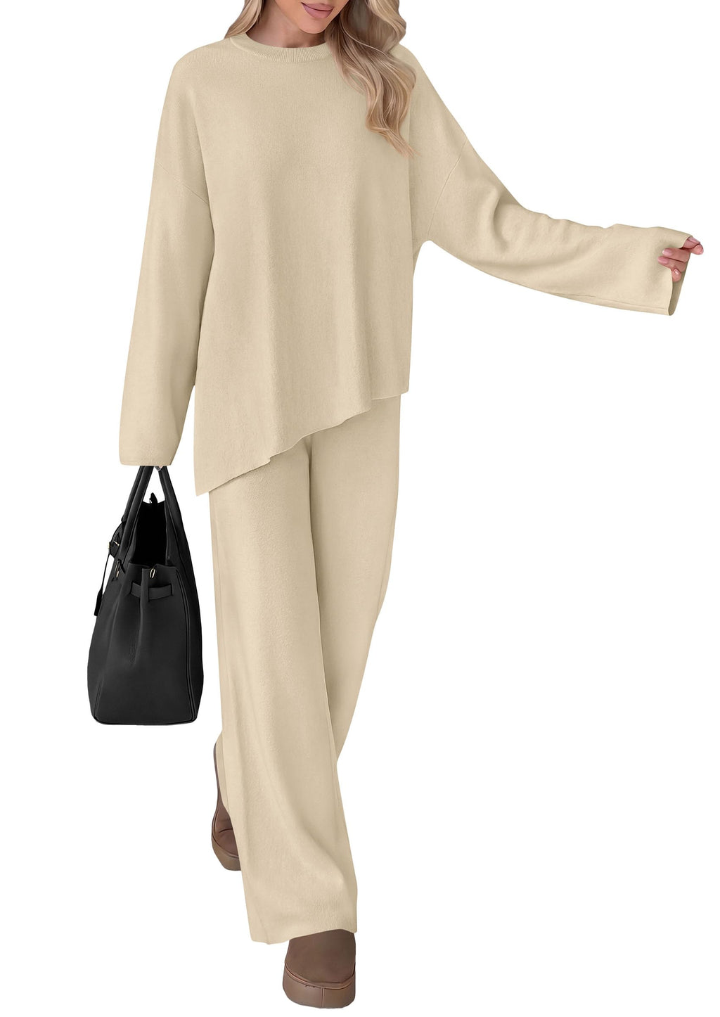 PRETTYGARDEN Womens Fall 2 Piece Asymmetric Cozy Sweater Travel Lounge Sets Crewneck Drop Shoulder Tops, Wide Leg Pants, Soft Casual Knit Matching Set,Vacation Airport Holiday Outfits