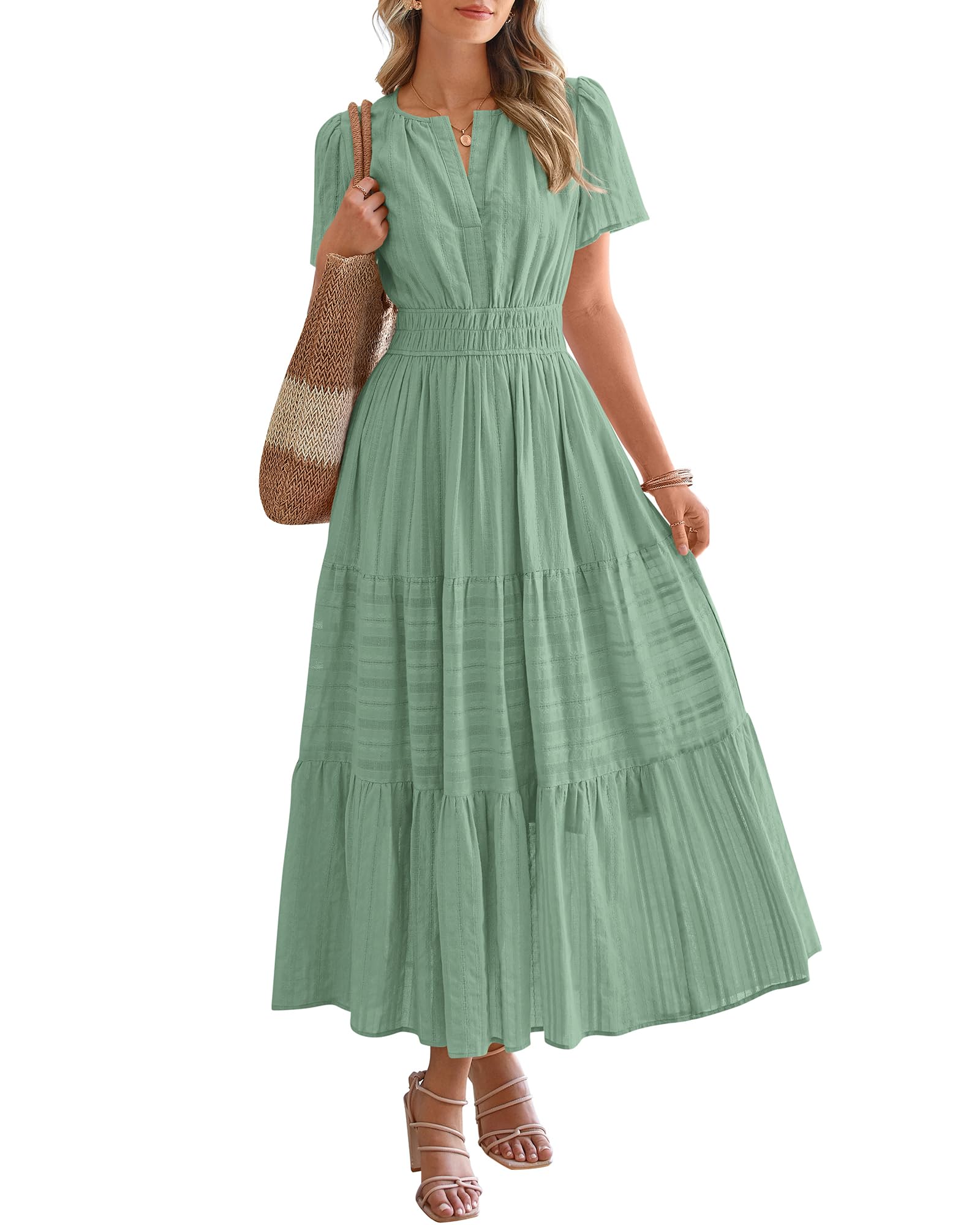 BTFBM Womens Summer Casual Midi Maxi Dresses Lightweight Short Sleeve V Neck Elastic Waist Boho Beach Dress Pockets