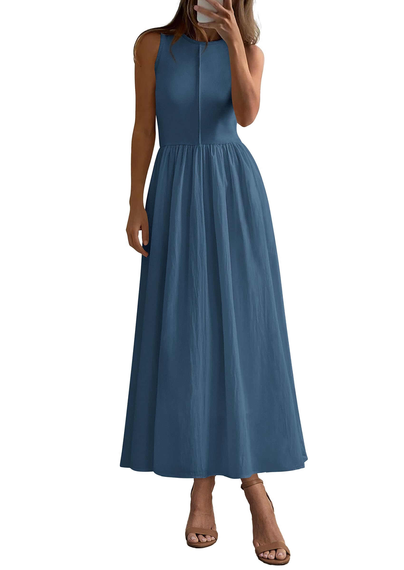 PRETTYGARDEN Maxi Dresses for Women Summer Casual Sleeveless Patchwork Flowy Vacation Sundress Knit Long Work Tank Dress