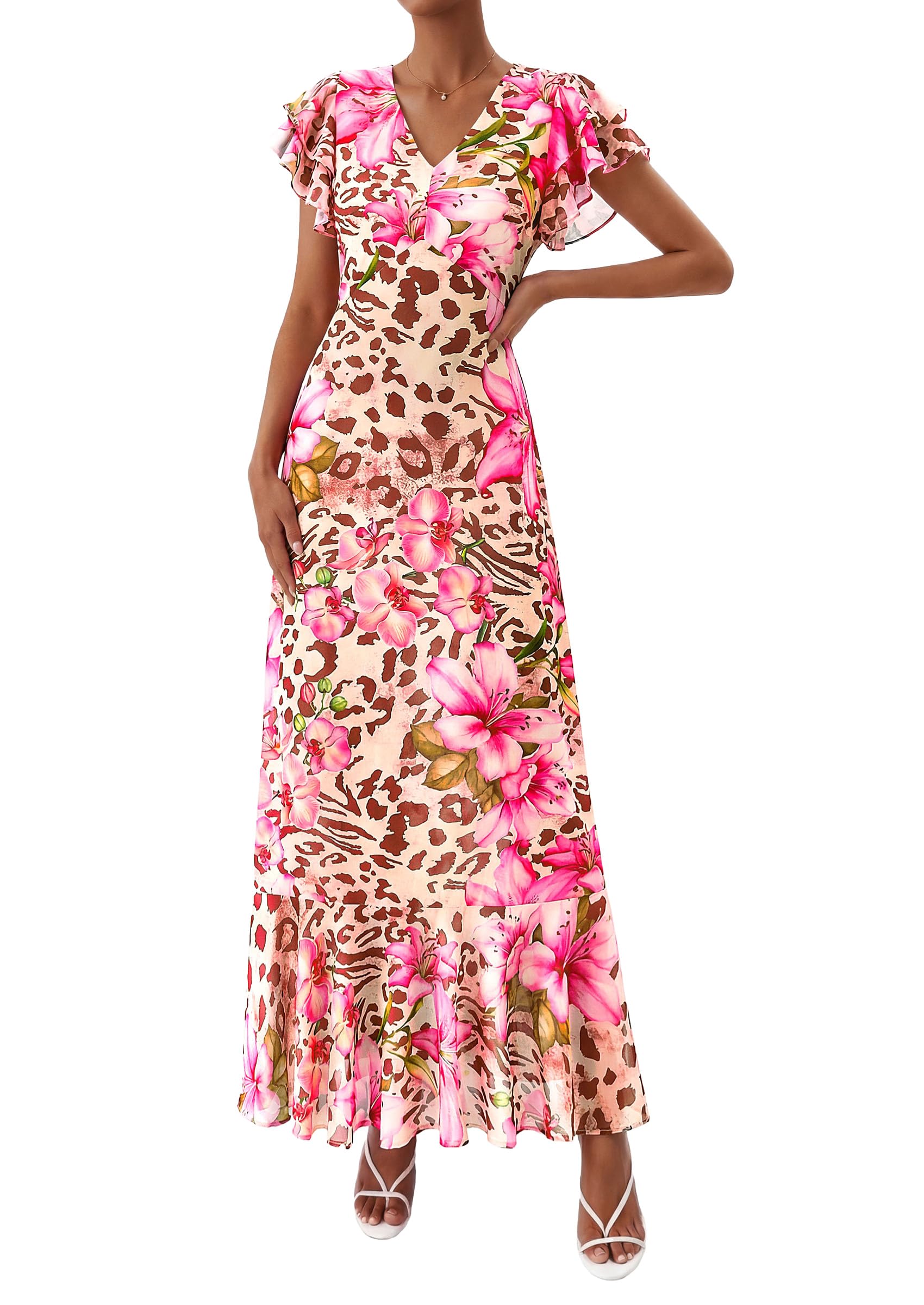 PRETTYGARDEN Womens Summer Floral Maxi Dresses Spring Short Sleeve Ruffle V Neck Flowy Boho Long Beach Vacation Sundress