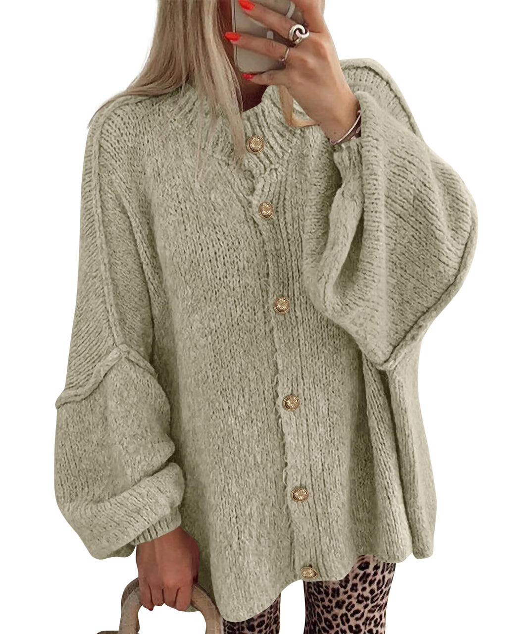 BTFBM Cardigan Sweaters for Women Fall Clothes Lantern Long Sleeve Button Open Front Chunky Knit Oversized Sweater