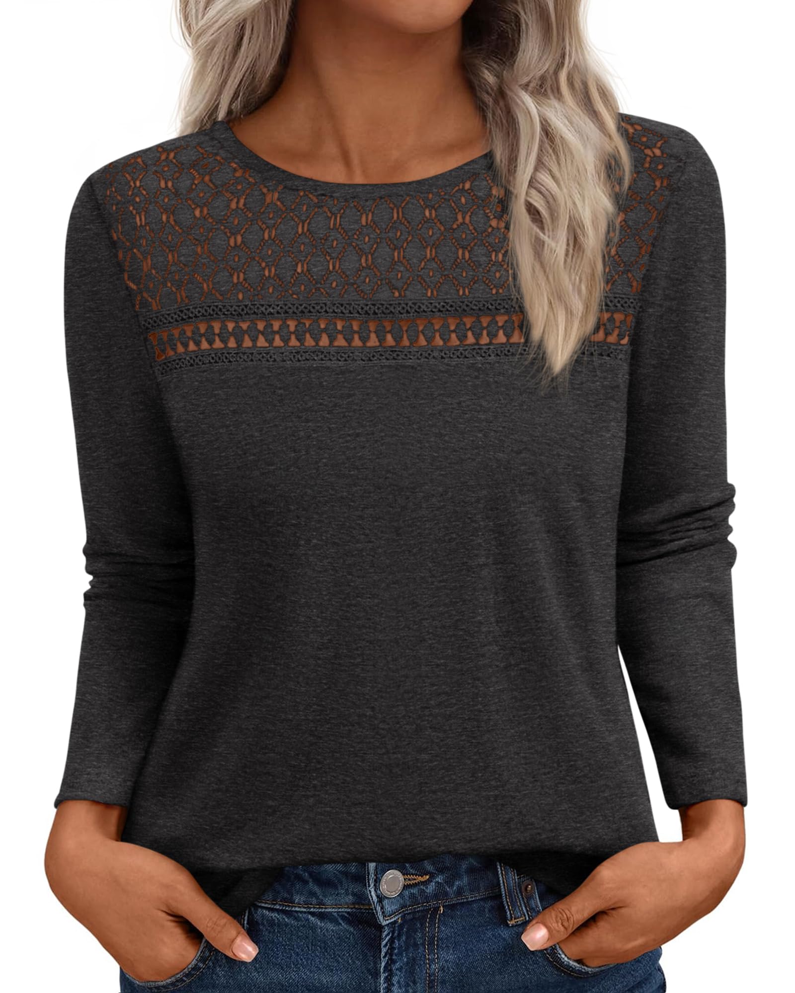 FreshPretty Lace Long Sleeve Shirts Womens Tops Dressy Casual Knit Boho Lightweight Blouses Winter Clothing Fall Fashion