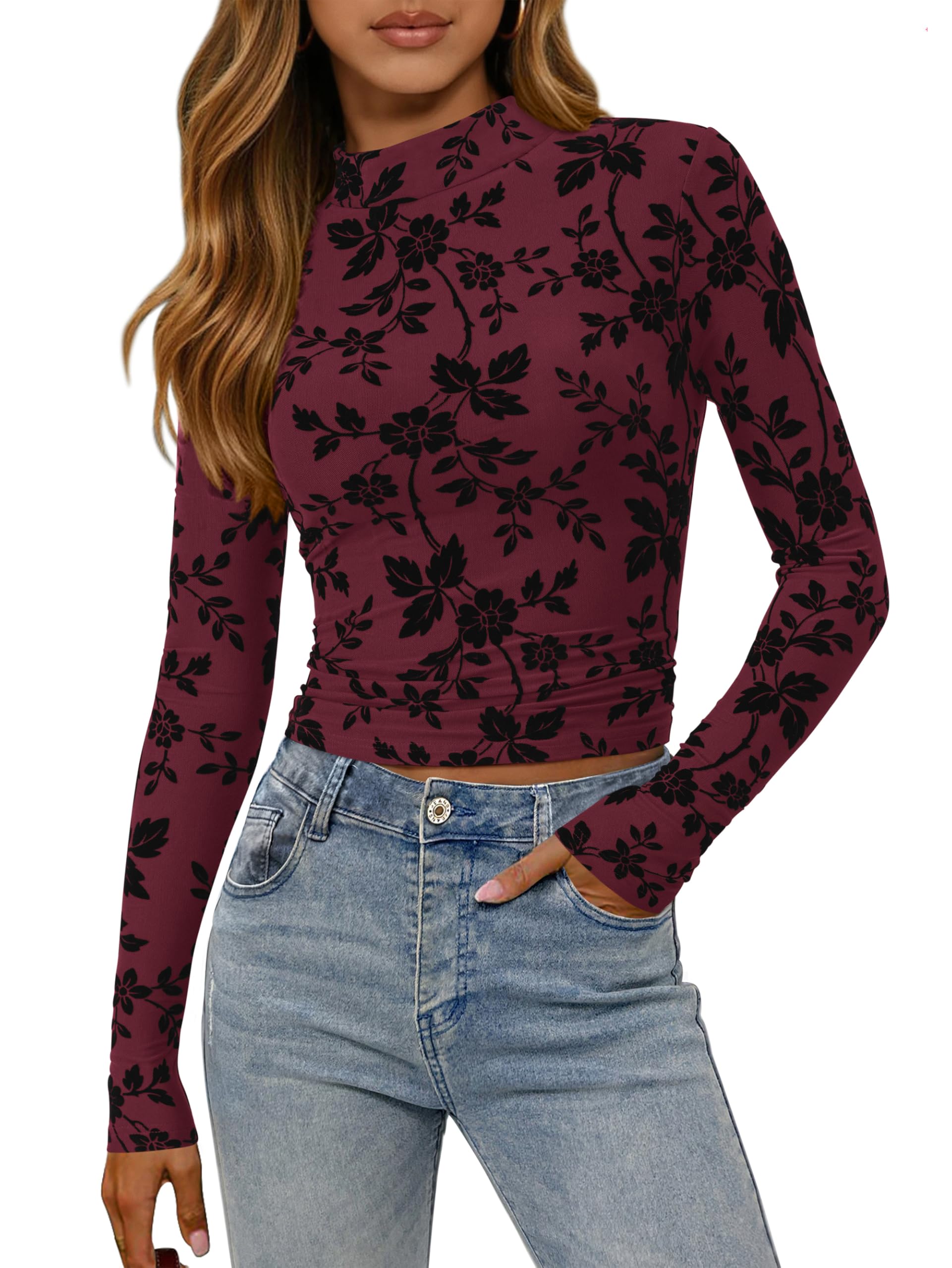 FreshPretty Mesh Long Sleeve Tops for Women Trendy Mock Neck Crop Going Out Fitted Floral Shirts Fall Fashion Clothing