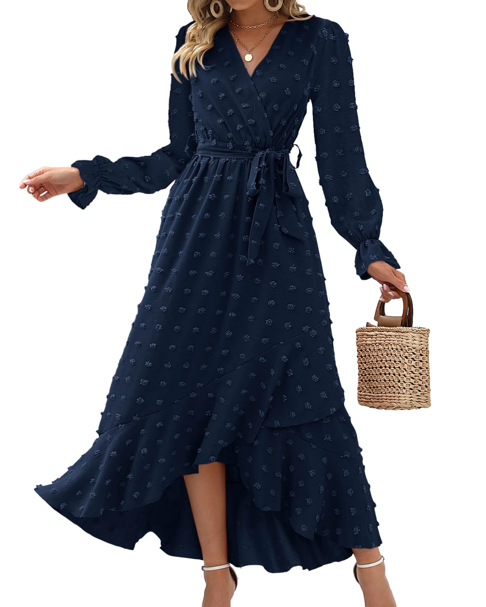 FreshPretty Long Sleeve Maxi Dresses for Women V Neck Swiss Dot Boho Flowy Slit Cocktail Wedding Guest Dress Fall Clothes