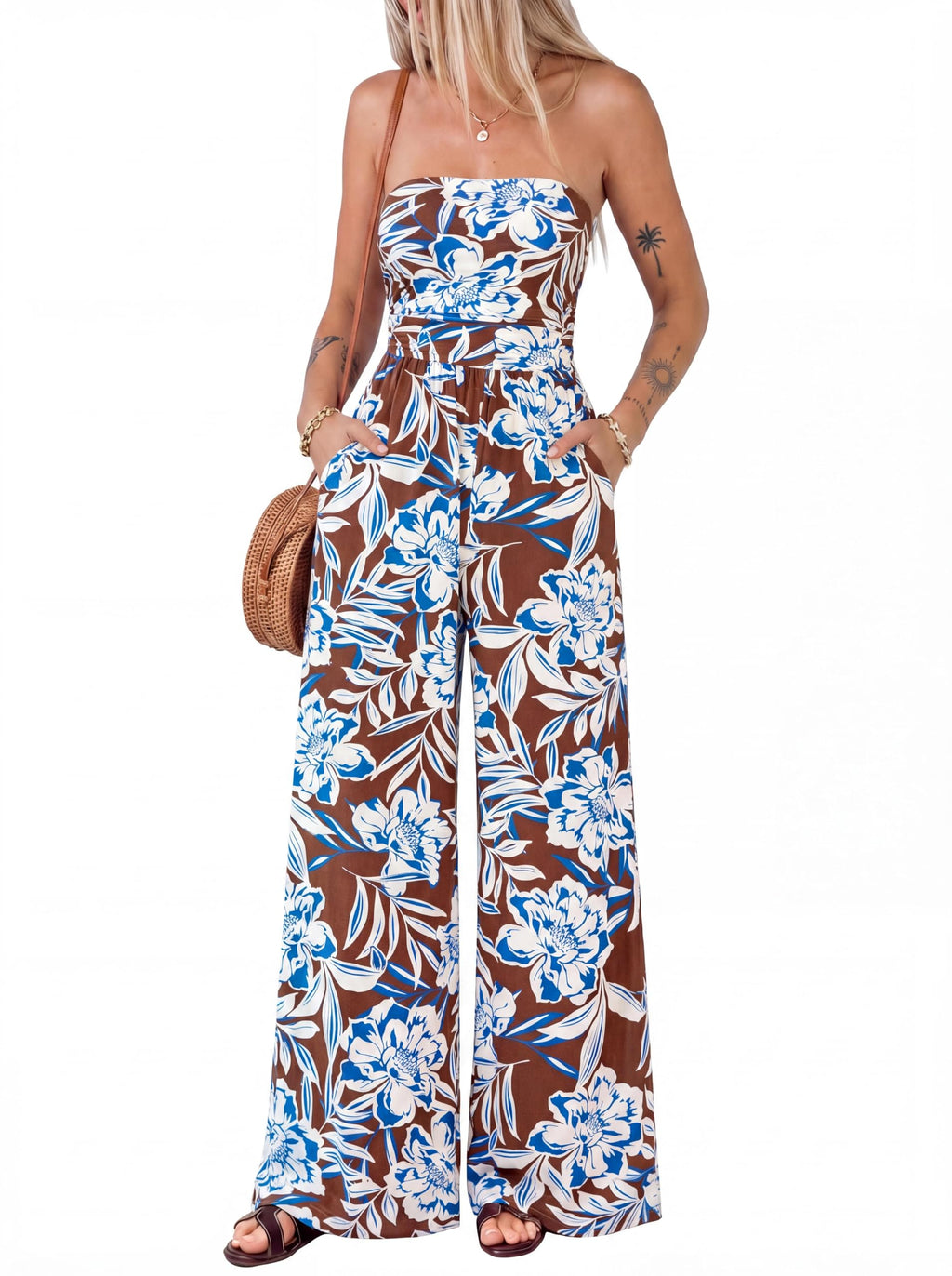 BTFBM Jumpsuits For Women Casual Floral Strapless Jumpsuit Wide Leg Rompers Beach Vacation Clothes Summer Outfits