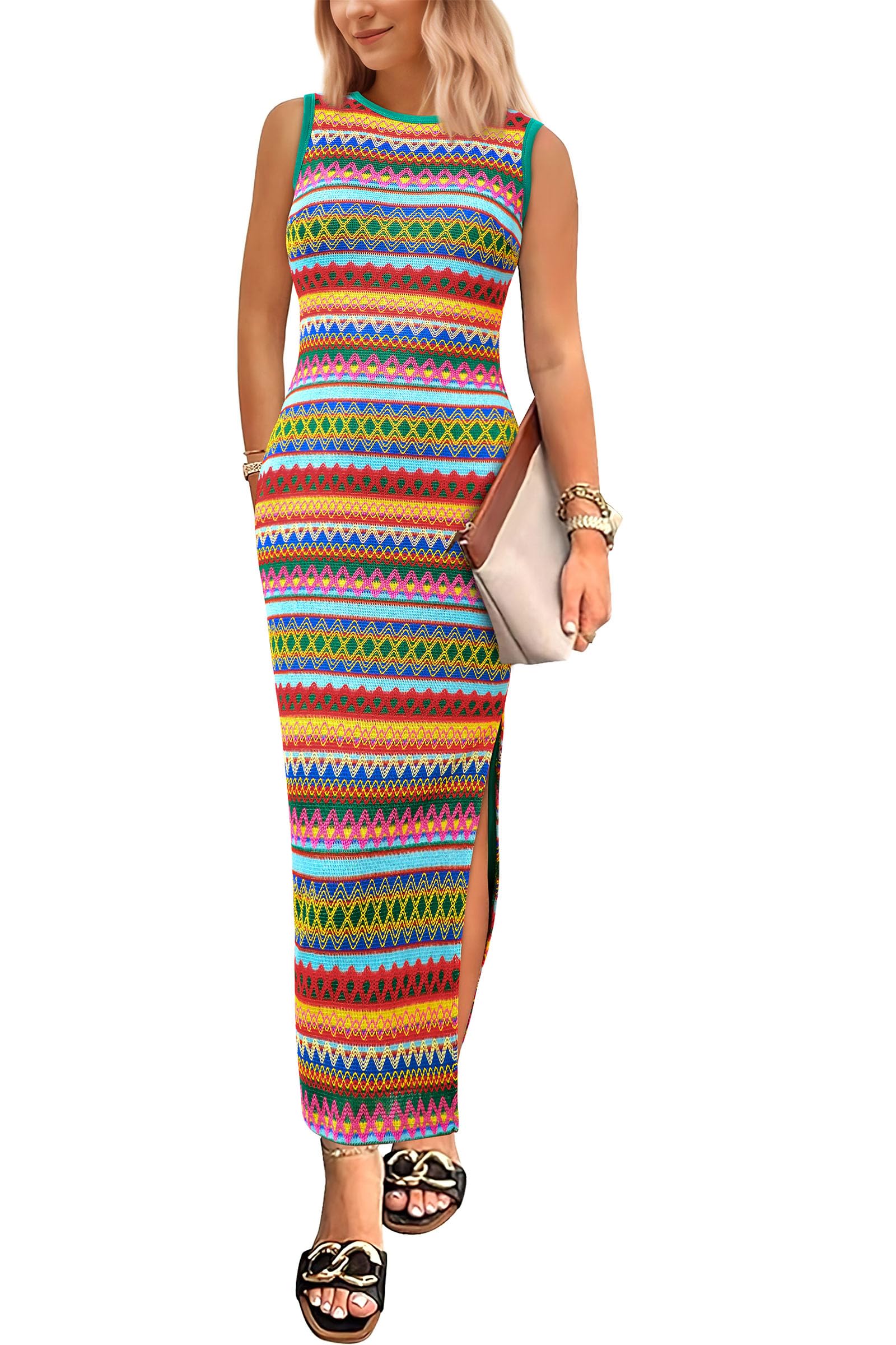 PRETTYGARDEN Summer Dresses for Women Casual Sleeveless Hollow Out Knit Side Slit Striped Beach Vacation Midi Dress