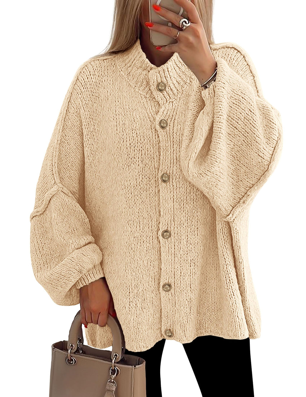 PRETTYGARDEN Women's Winter Button Down Cardigan Sweaters Mock Neck Lantern Long Sleeve Chunky Knit Jacket Trendy Outerwear