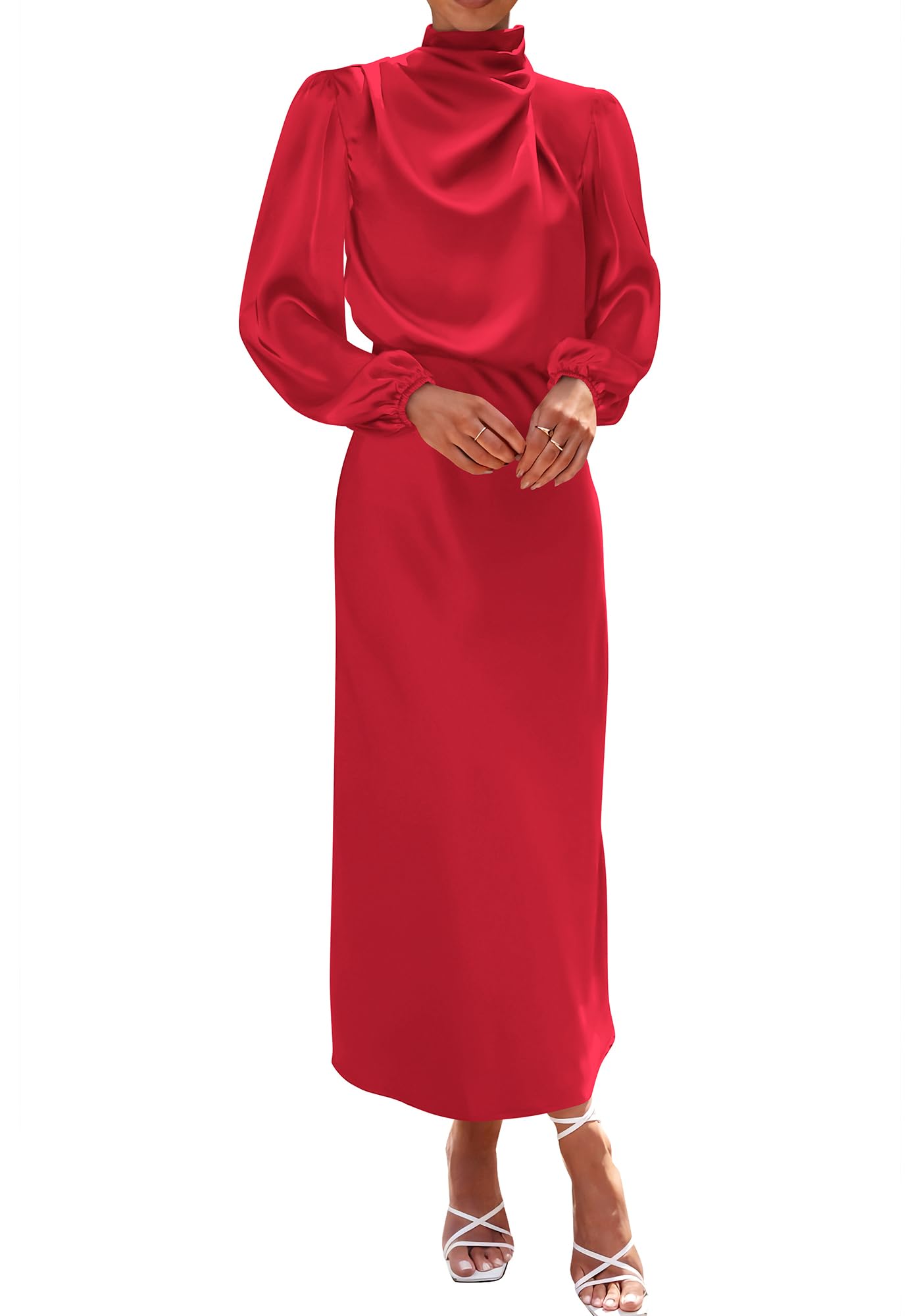 BTFBM Womens Mock Neck Satin Dress Spring Summer Long Sleeve Lightweight Formal Wedding Party Maxi Cocktail Dresses
