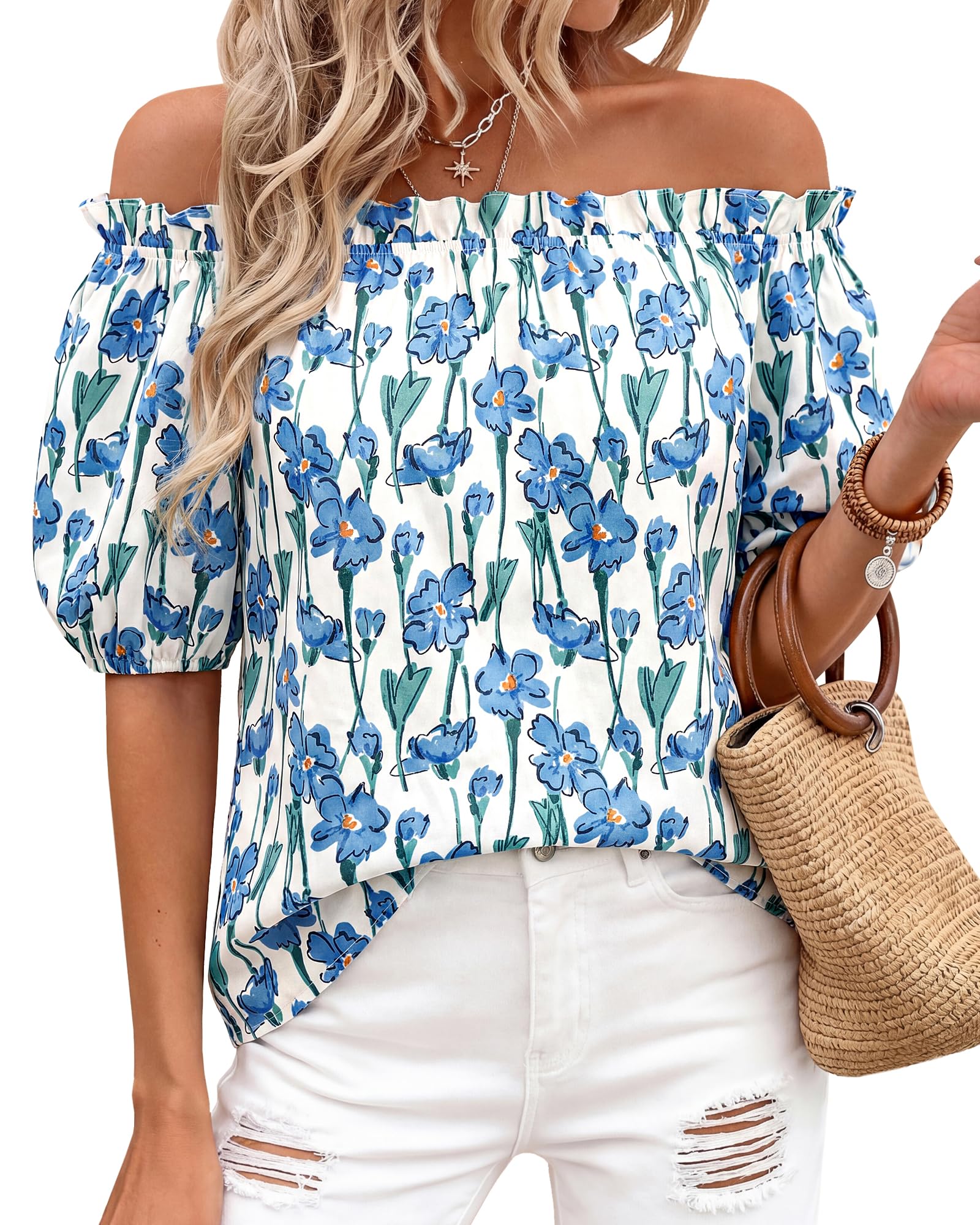 BTFBM Off The Shoulder Spring Tops for Women Summer Blouses Boho Floral Short Sleeve Shirts Dressy Casual Outfits