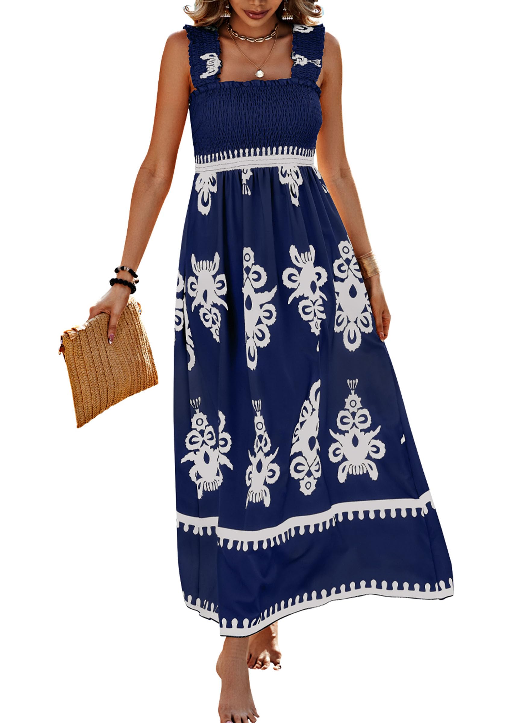 PRETTYGARDEN Womens Summer Boho Maxi Dress Casual Sleeveless Square Neck Floral Aline Smocked Beach Dresses with Pockets