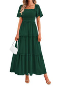 PRETTYGARDEN Summer Dresses for Women Boho Swiss Dot Smocked Square Neck Short Sleeve Spring Wedding Guest Maxi Dress