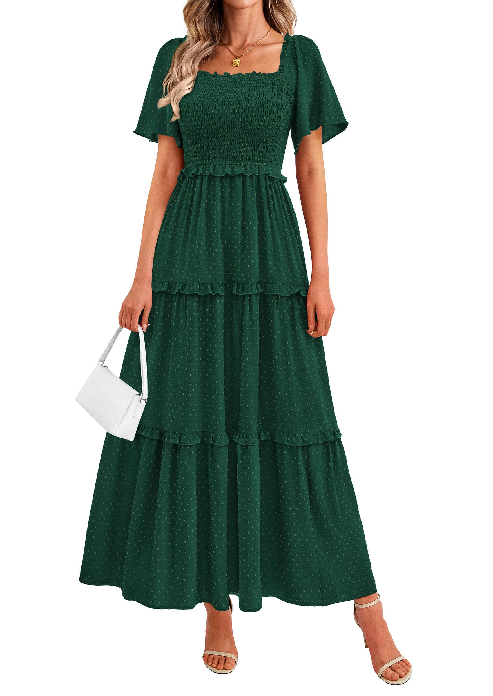 PRETTYGARDEN Summer Dresses for Women Boho Swiss Dot Smocked Square Neck Short Sleeve Spring Wedding Guest Maxi Dress