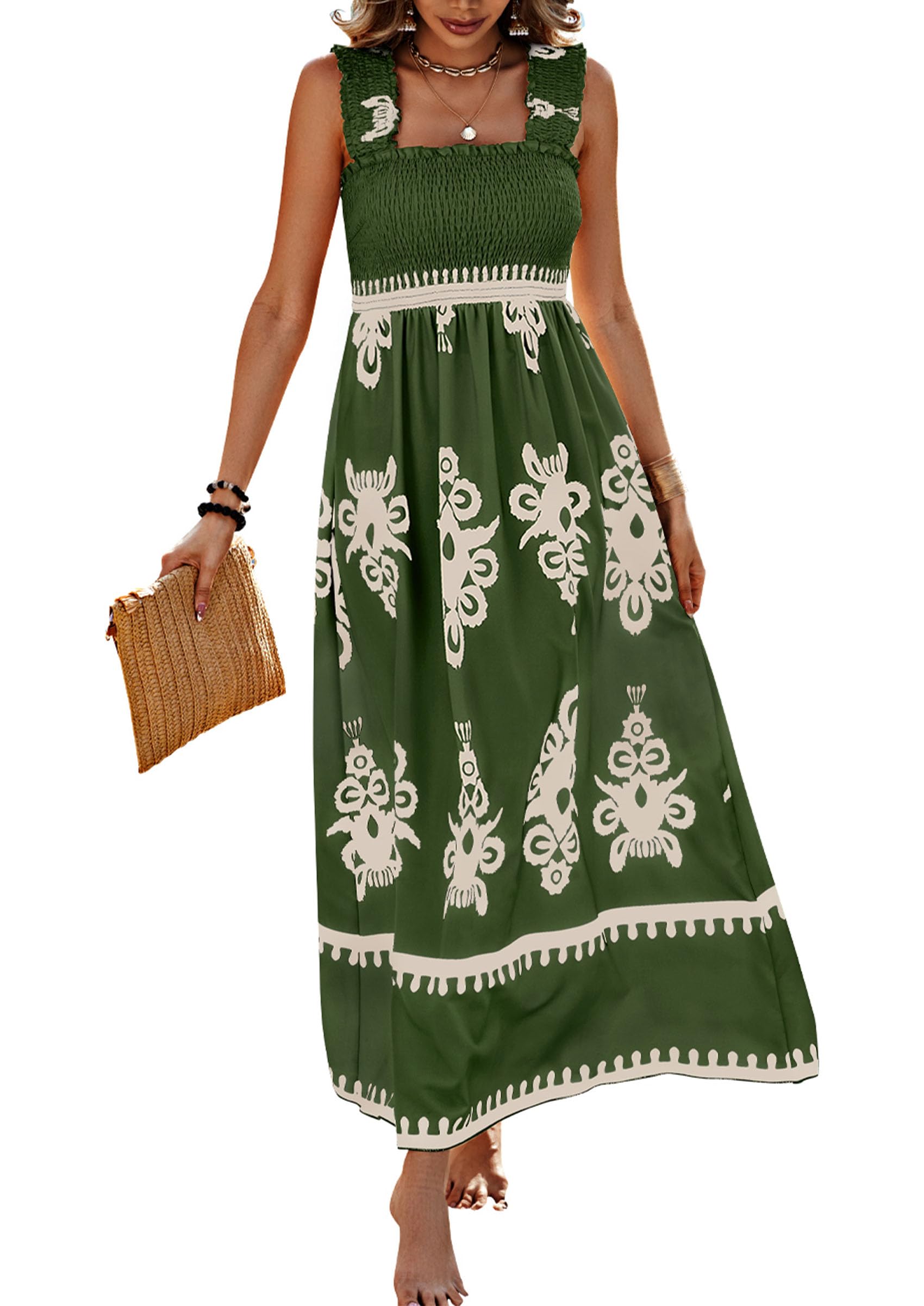 PRETTYGARDEN Womens Summer Boho Maxi Dress Casual Sleeveless Square Neck Floral Aline Smocked Beach Dresses with Pockets
